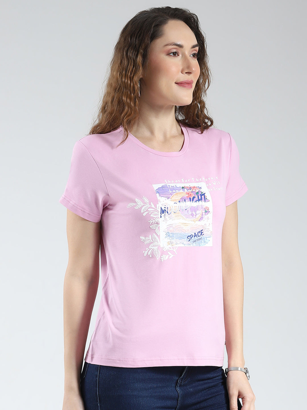 Women Purple Printed Round Neck Half Sleeve Top