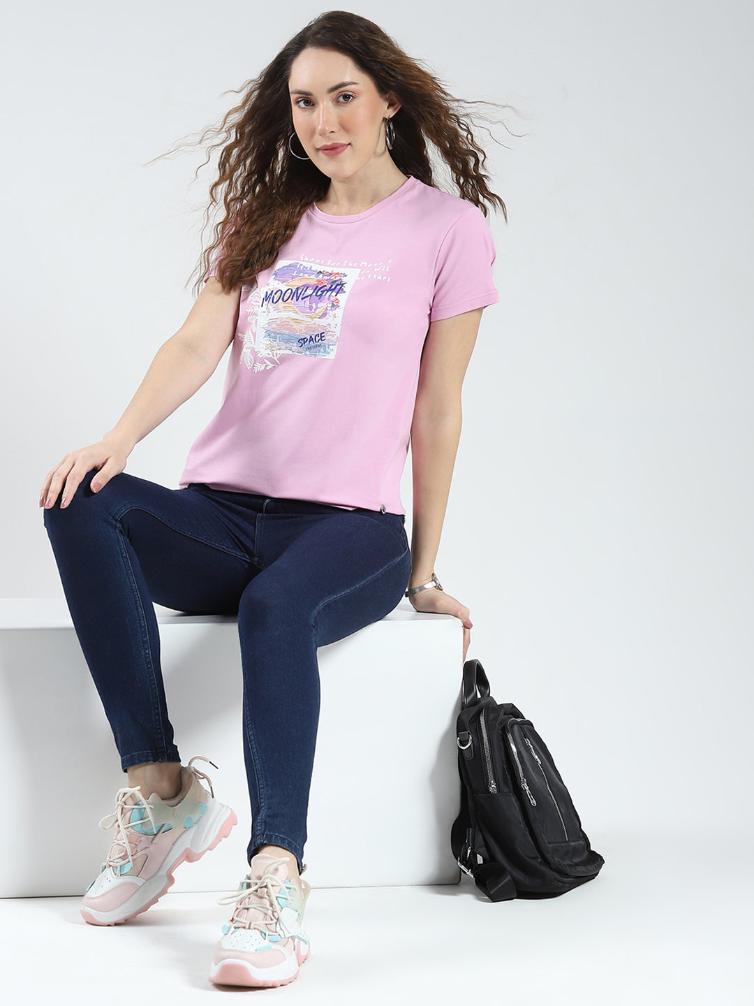 Women Purple Printed Round Neck Half Sleeve Top