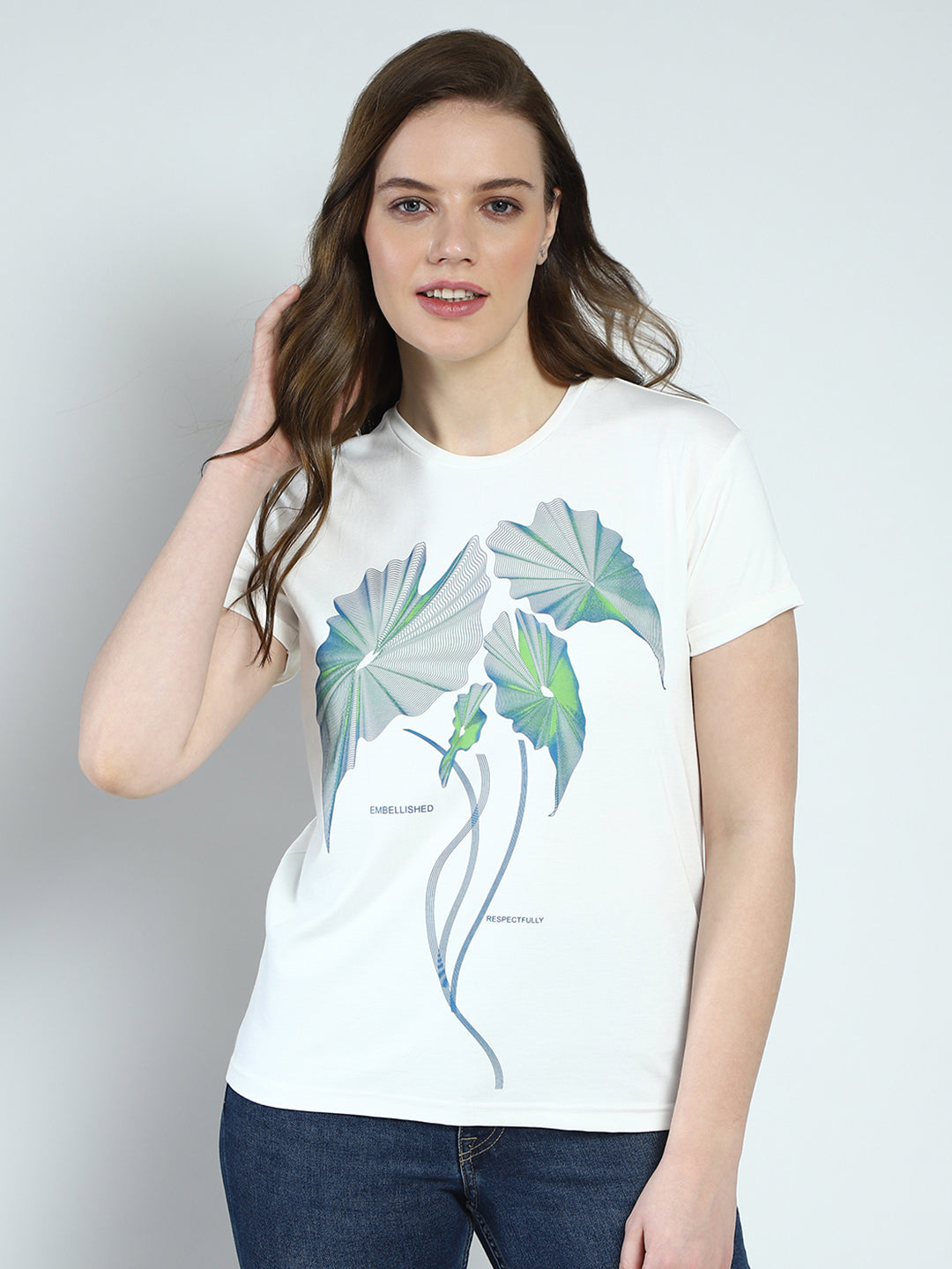 Women White Printed Round Neck Half Sleeve Top
