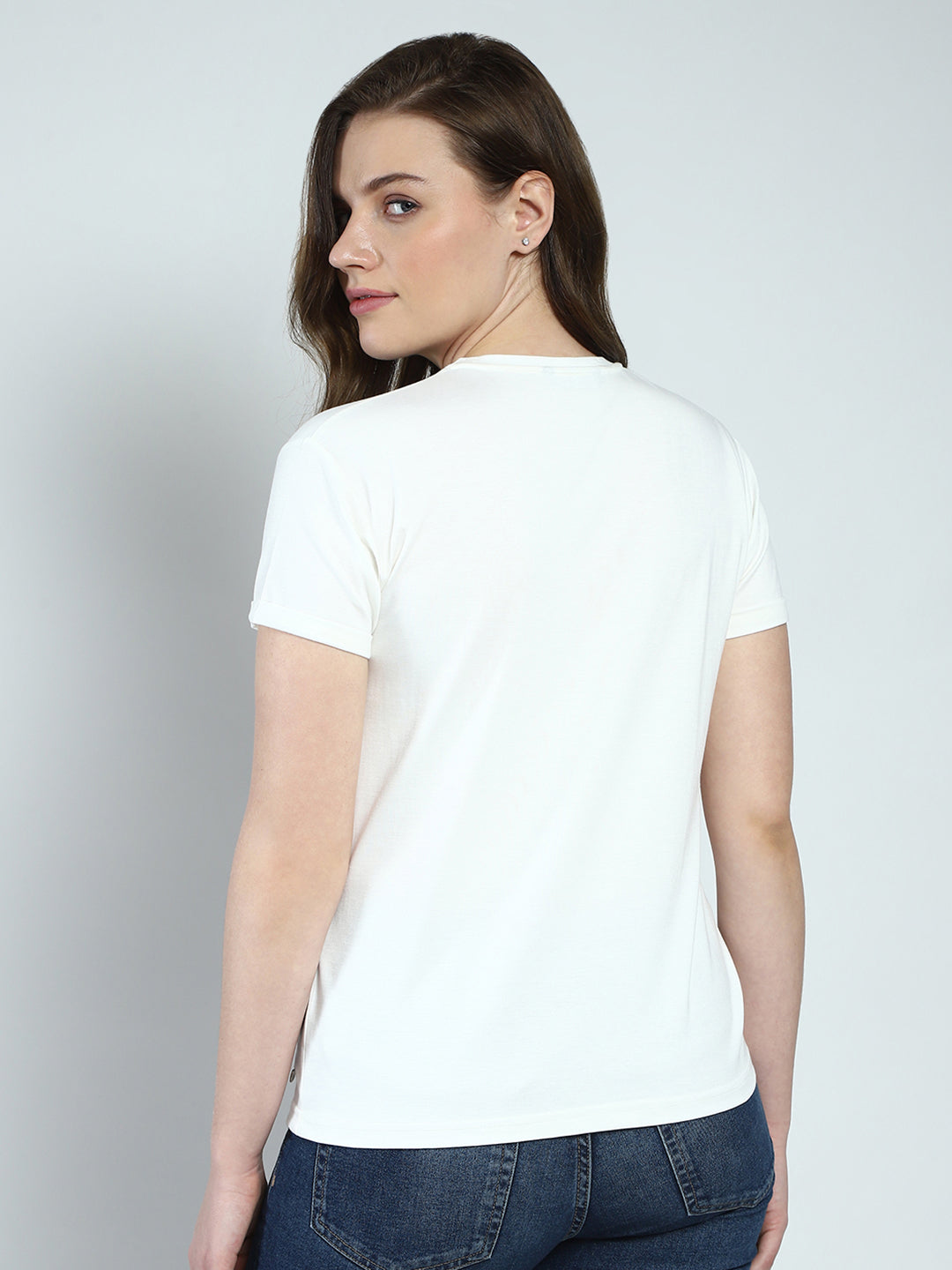 Women White Printed Round Neck Half Sleeve Top