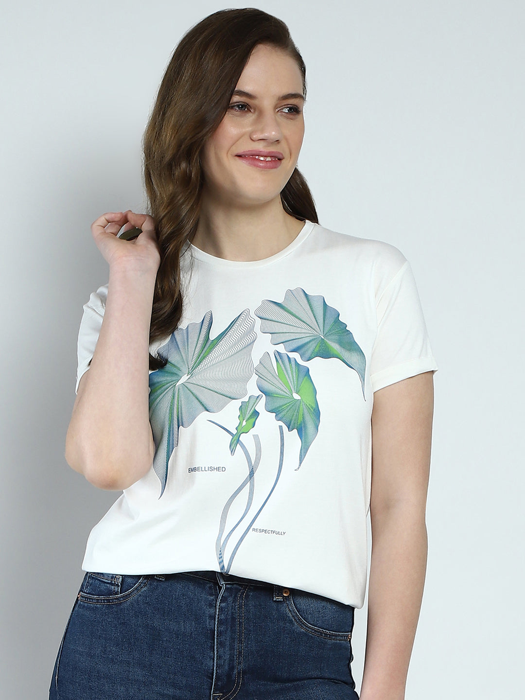 Women White Printed Round Neck Half Sleeve Top