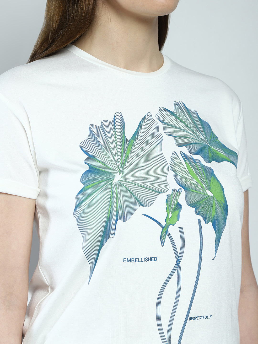 Women White Printed Round Neck Half Sleeve Top