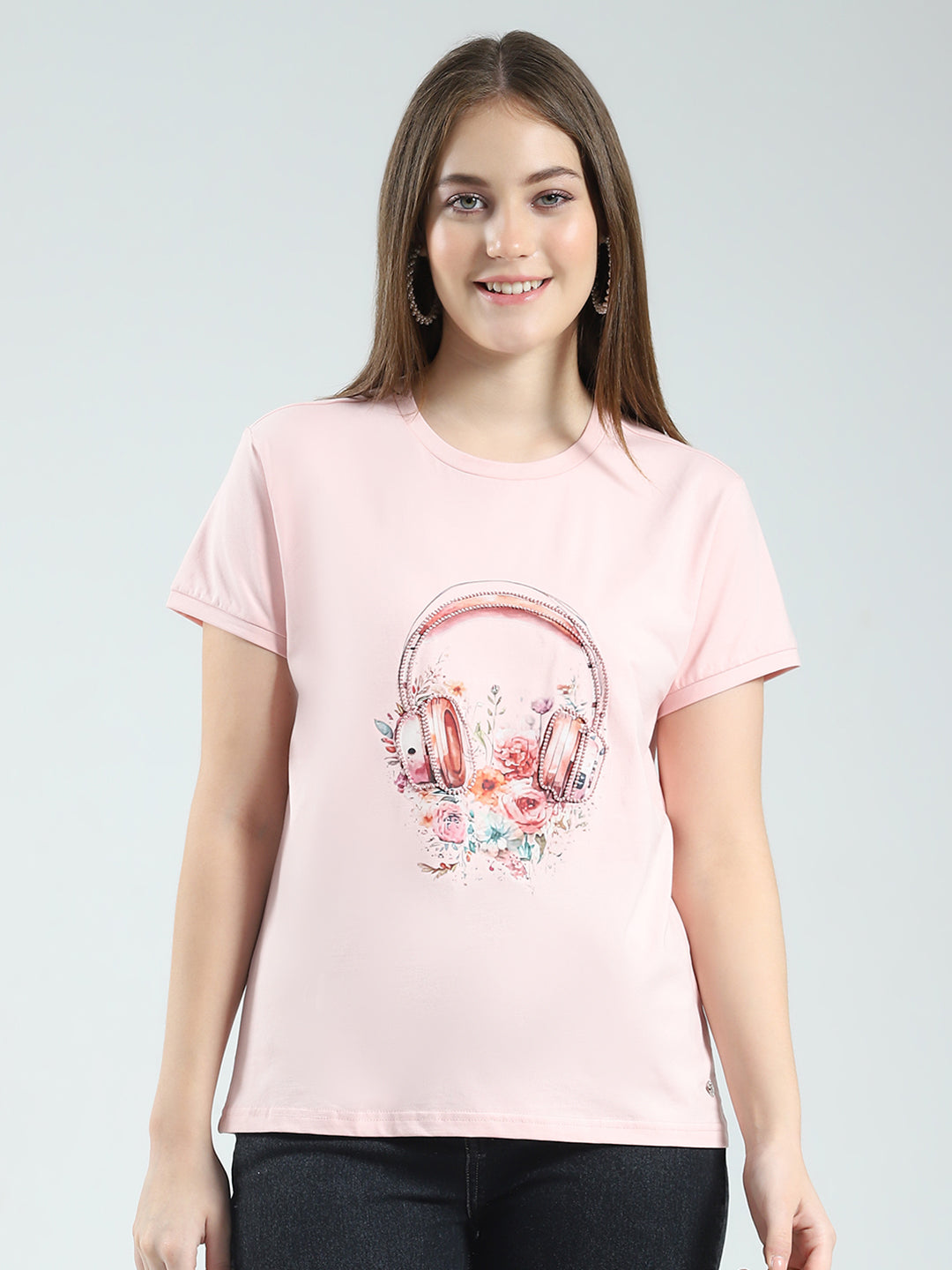 Women Pink Printed Round Neck Half Sleeve Top