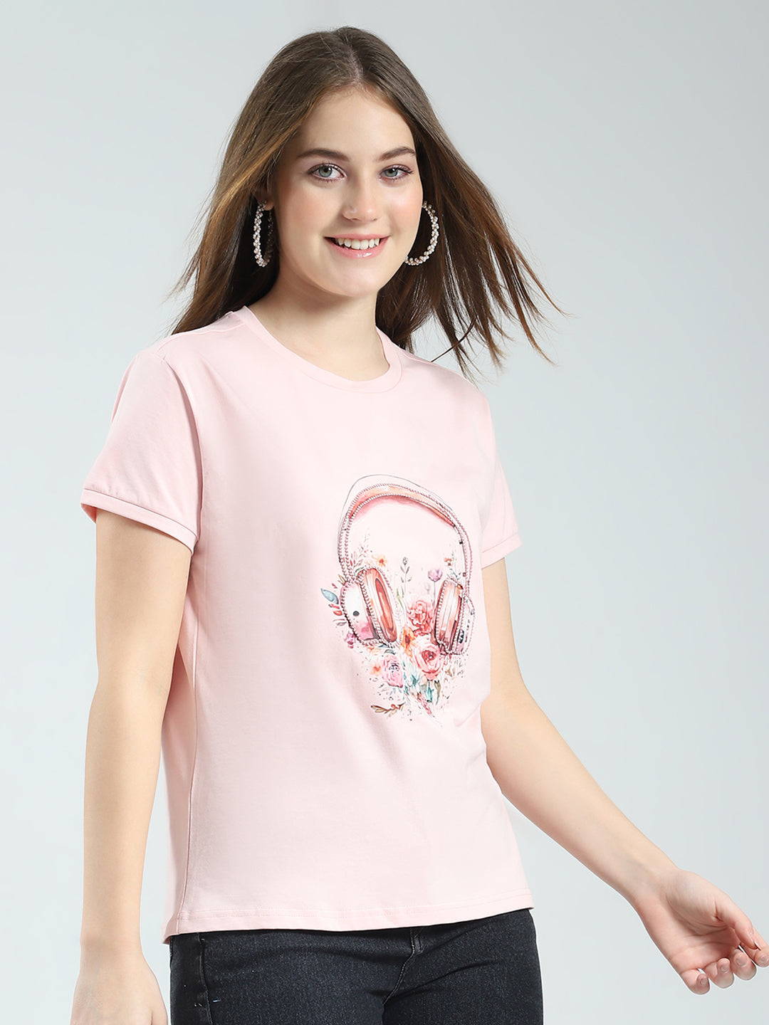 Women Pink Printed Round Neck Half Sleeve Top