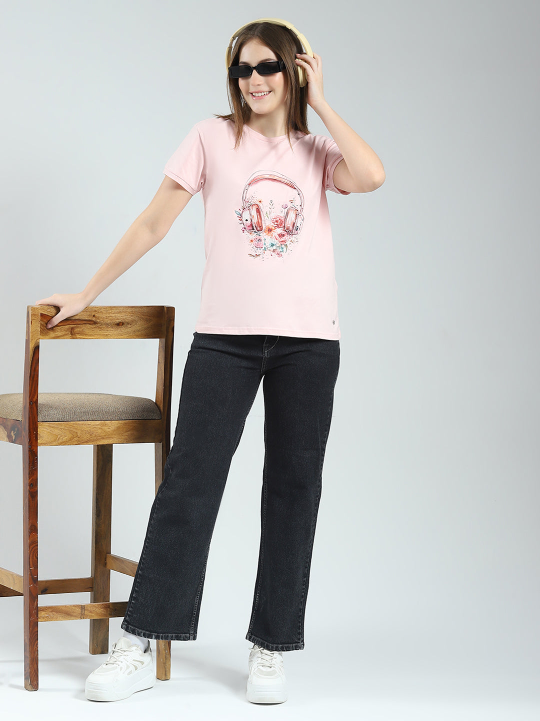 Women Pink Printed Round Neck Half Sleeve Top