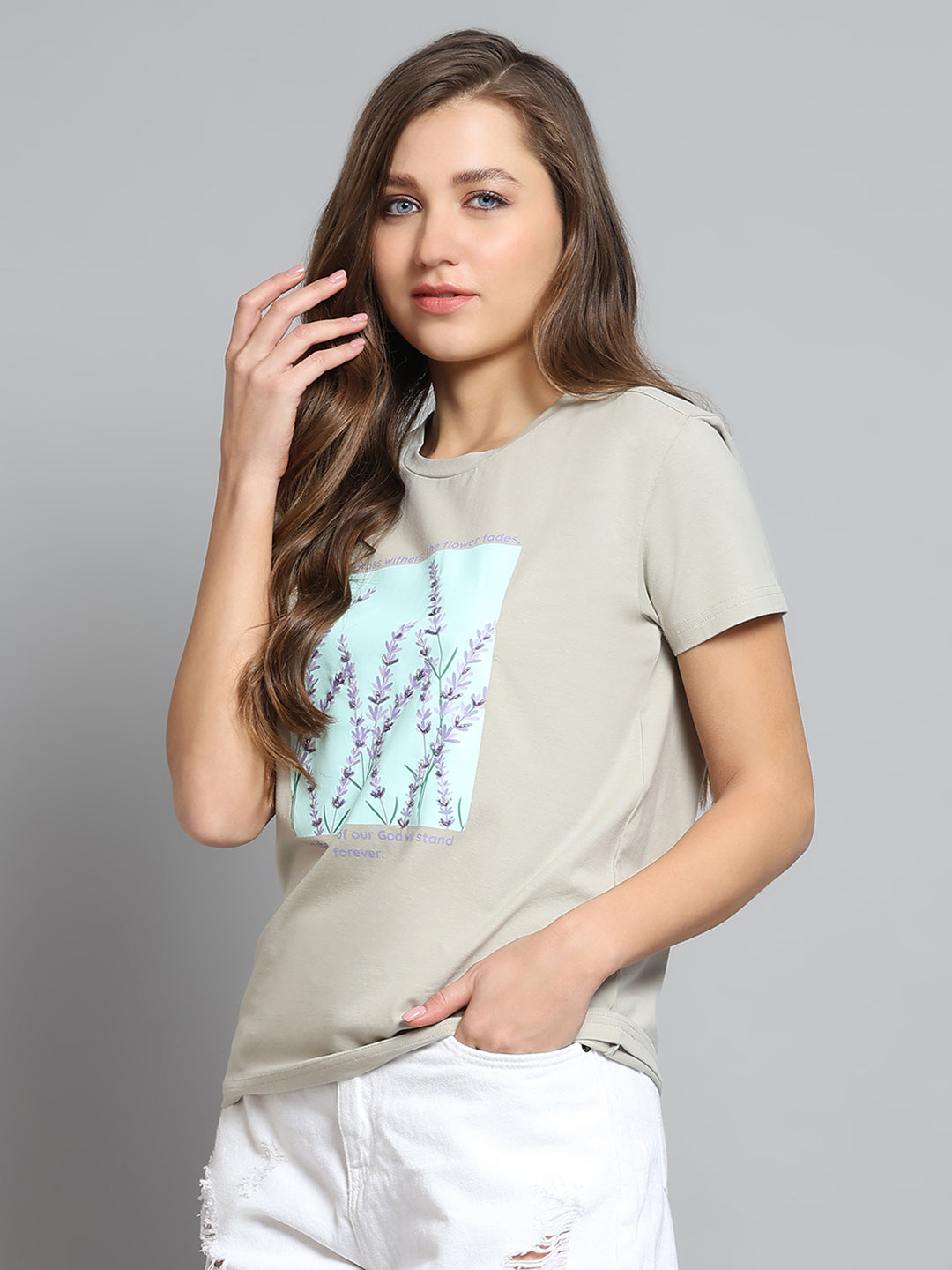 Women Grey Printed Round Neck Half Sleeve Top