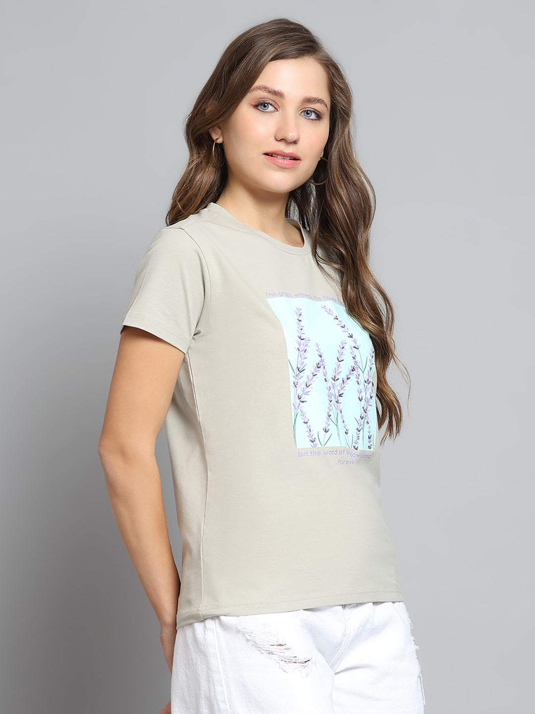 Women Grey Printed Round Neck Half Sleeve Top