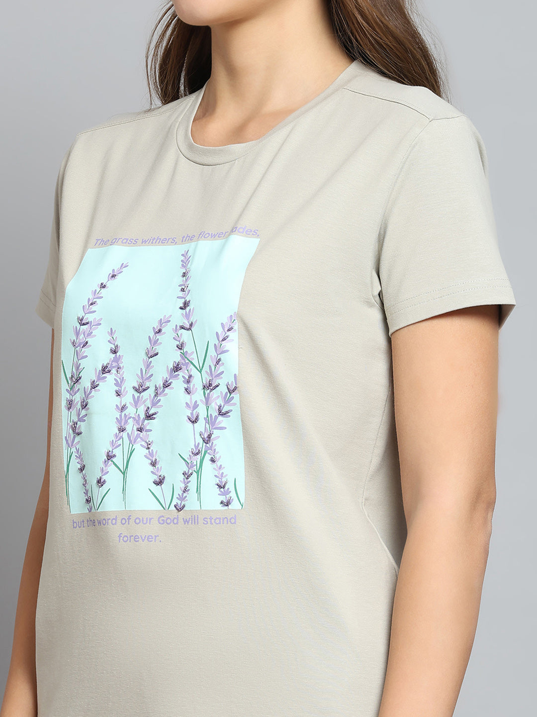 Women Grey Printed Round Neck Half Sleeve Top