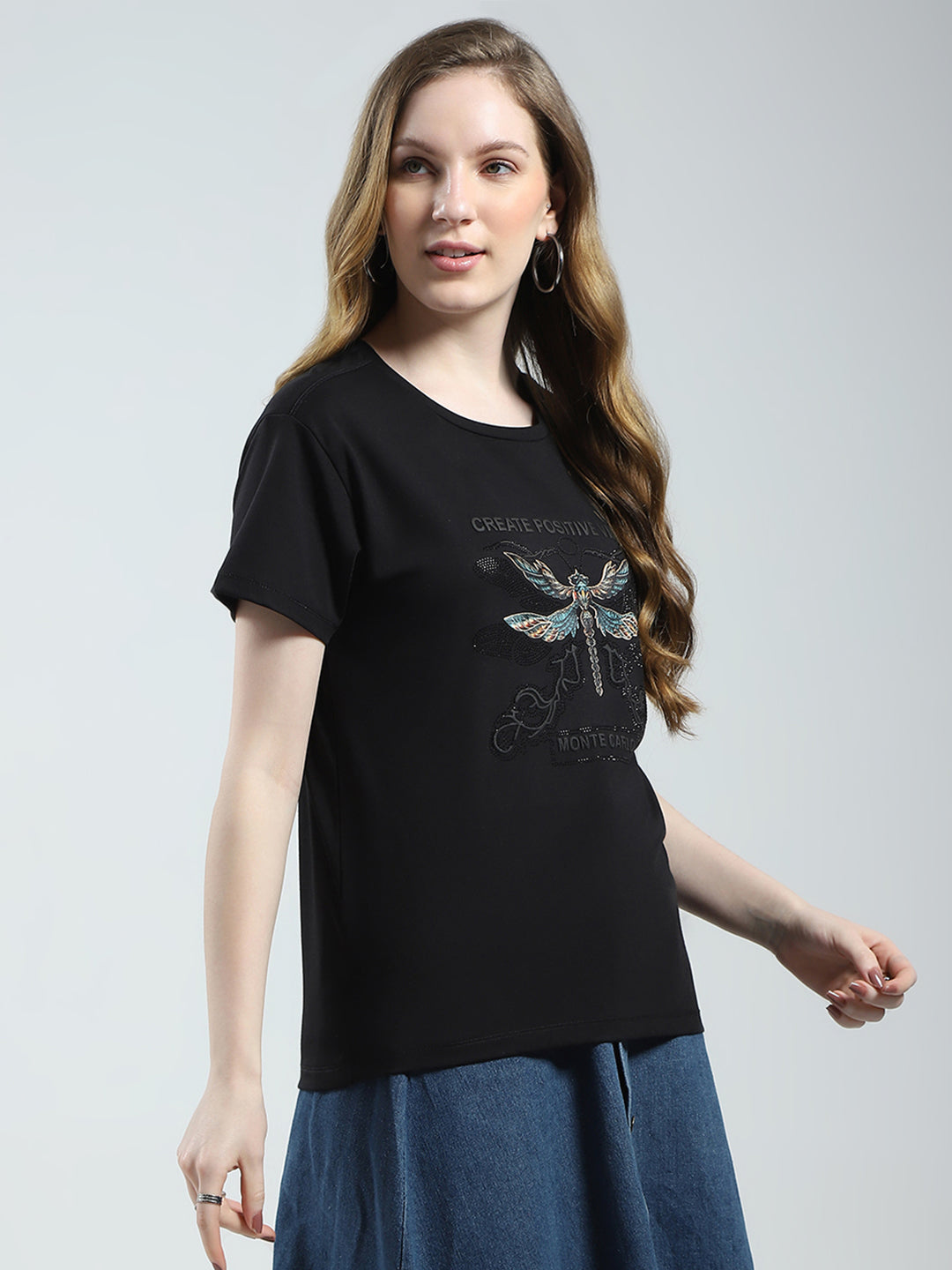 Women Black Printed Round Neck Half Sleeve Top