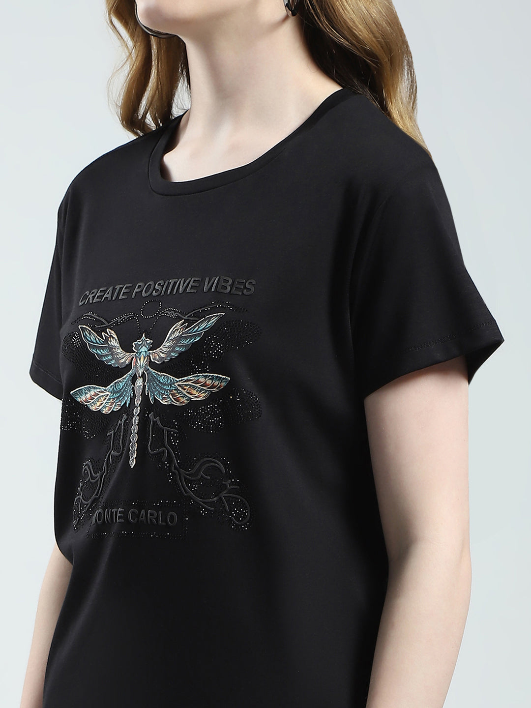 Women Black Printed Round Neck Half Sleeve Top