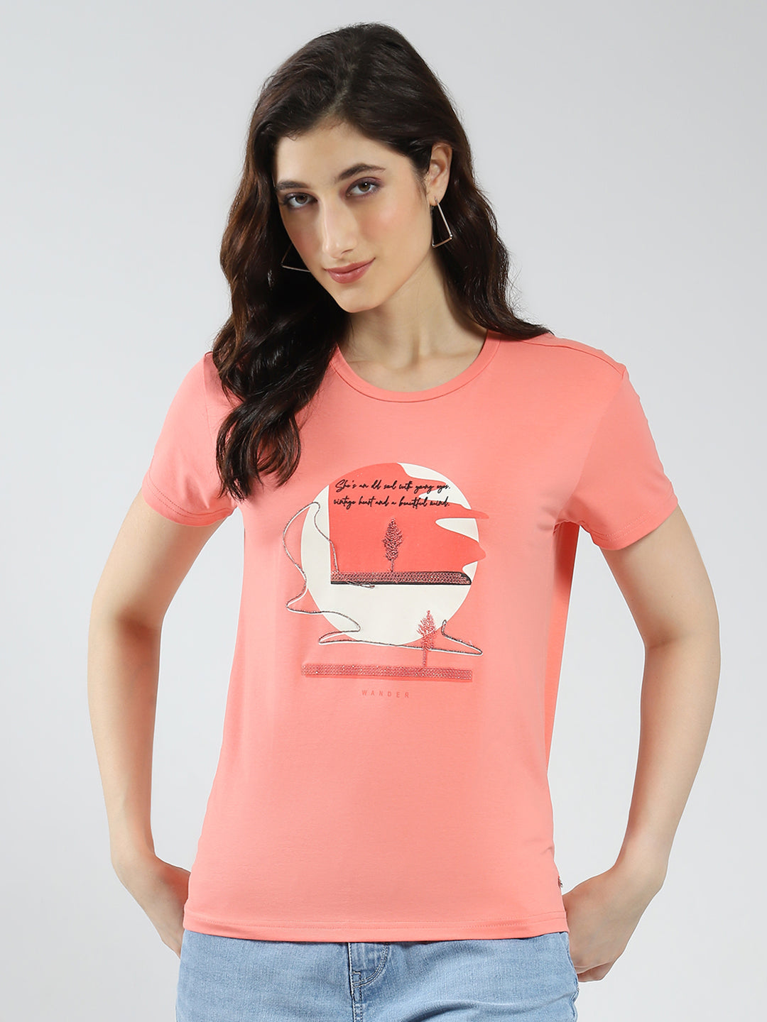 Women Coral Printed Round Neck Half Sleeve Top