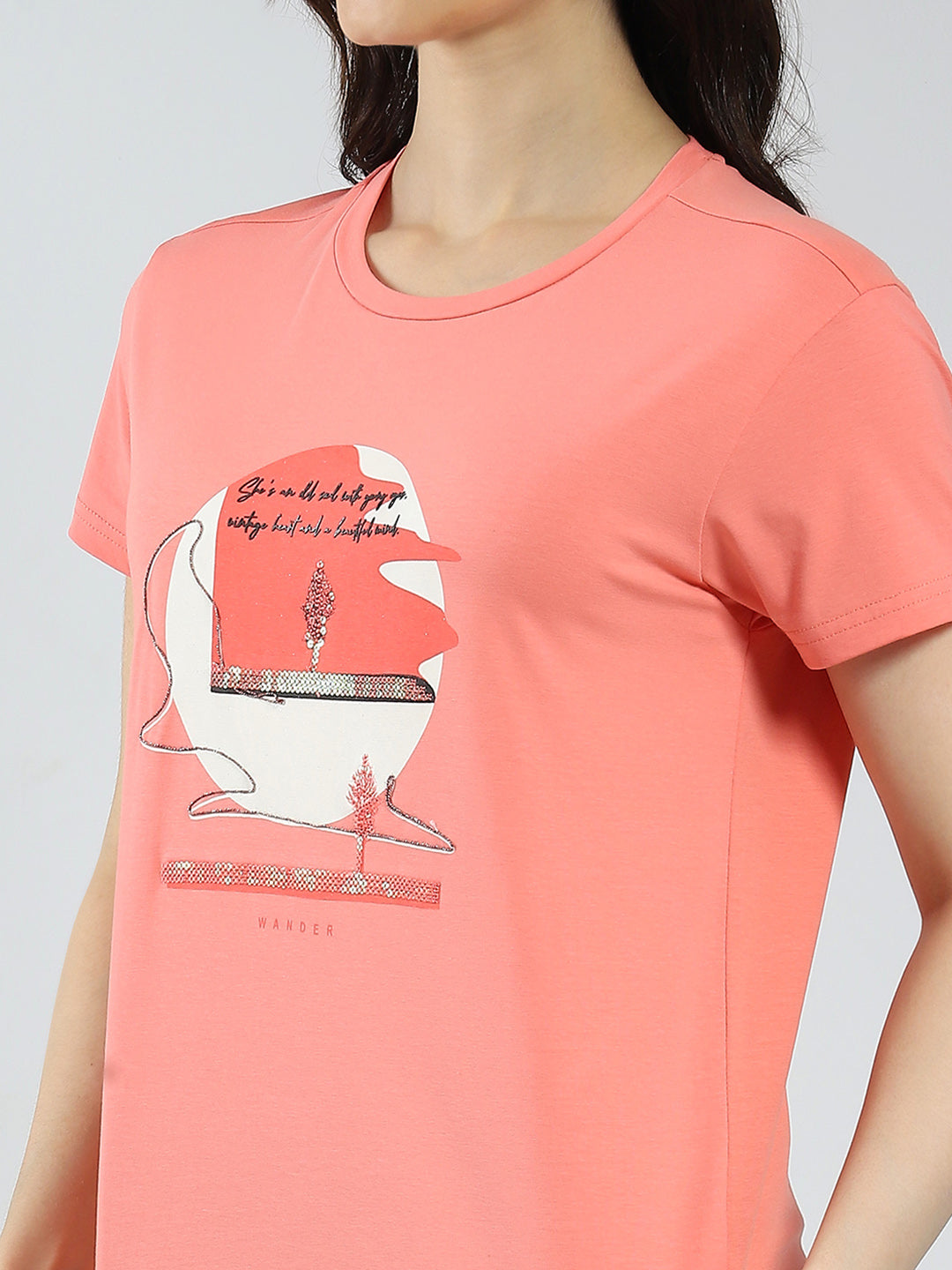 Women Coral Printed Round Neck Half Sleeve Top