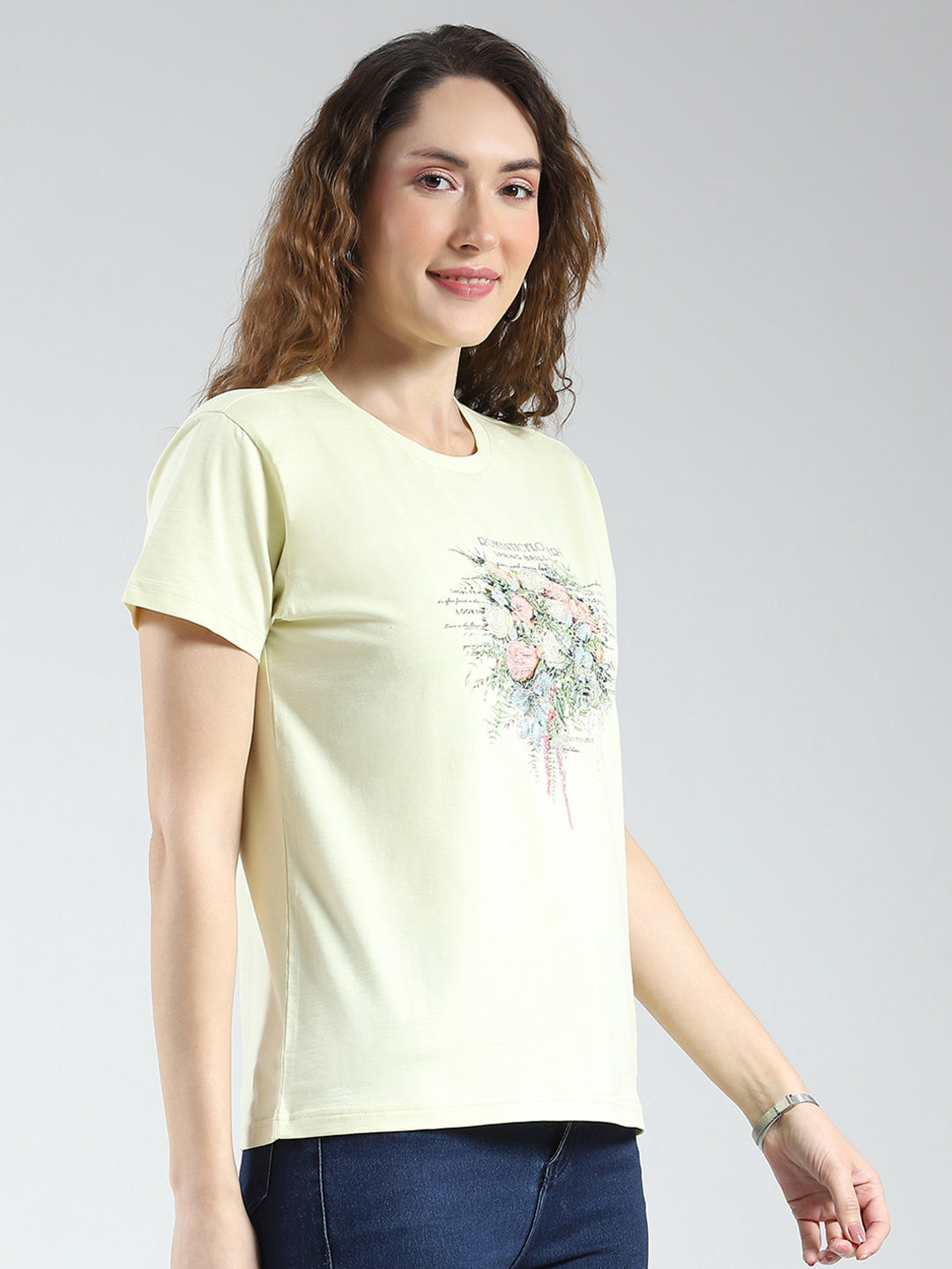 Women Yellow Printed Round Neck Half Sleeve Top