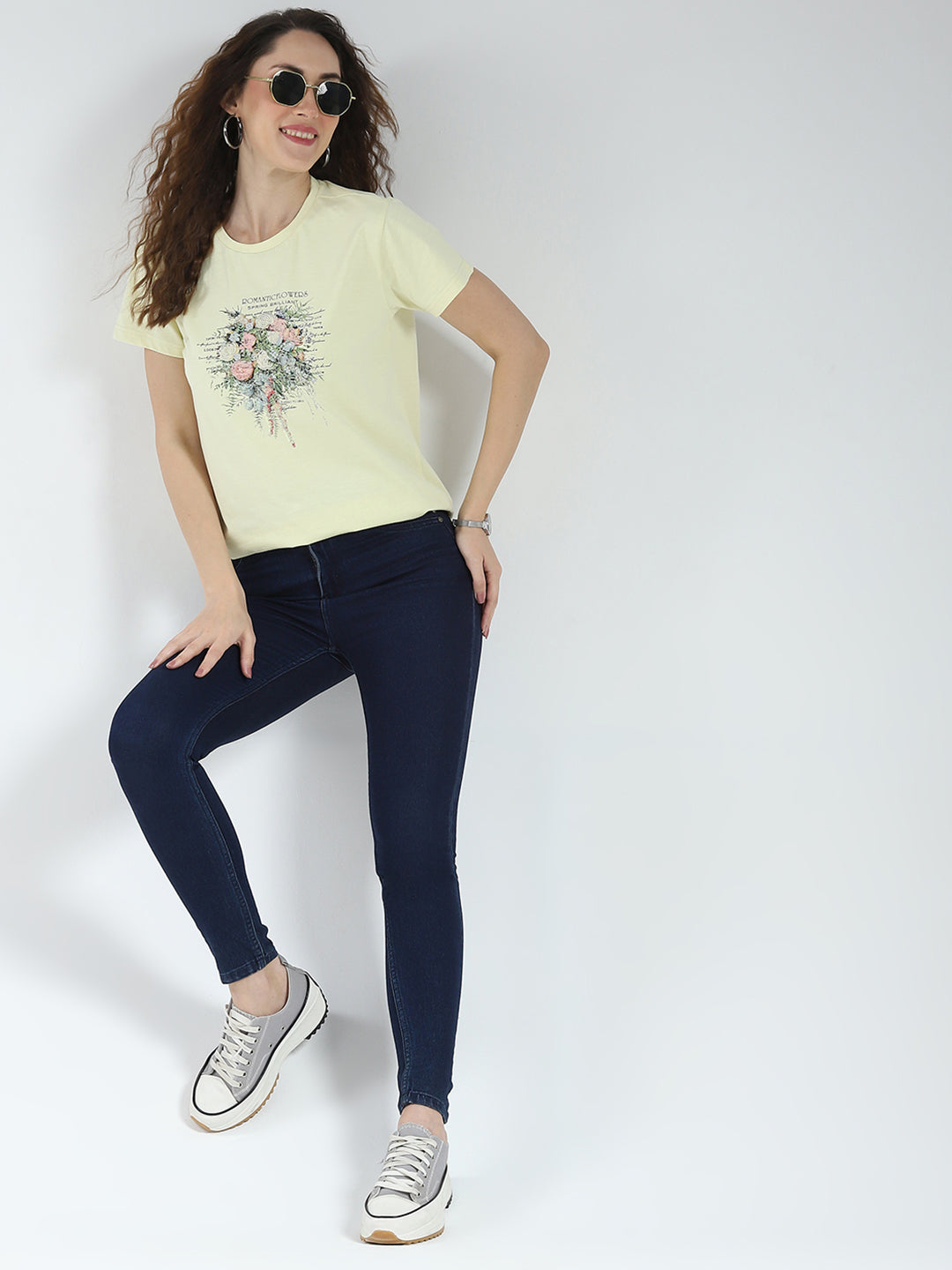 Women Yellow Printed Round Neck Half Sleeve Top