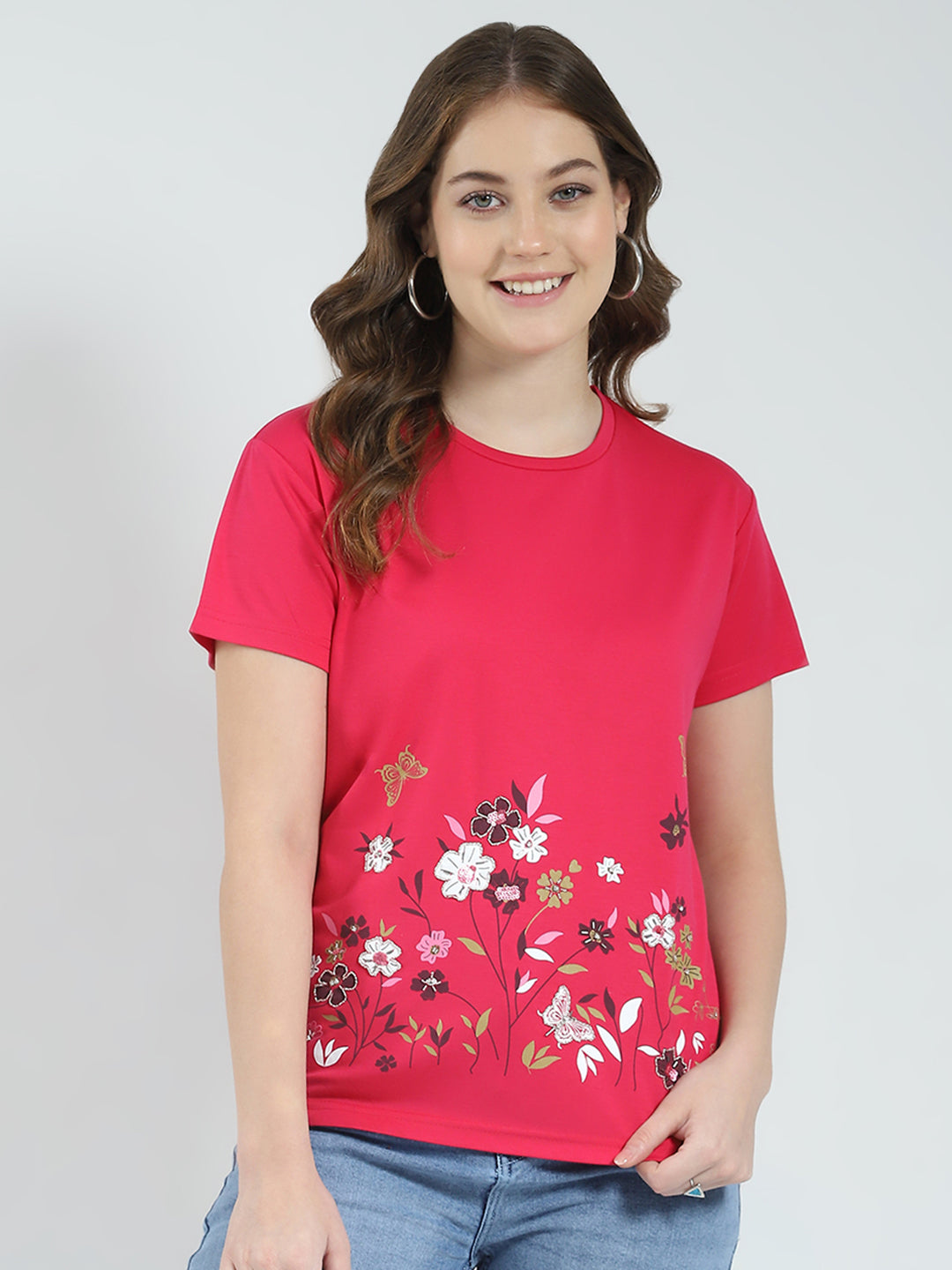 Women Magenta Embroidered Round Neck Half Sleeve Top