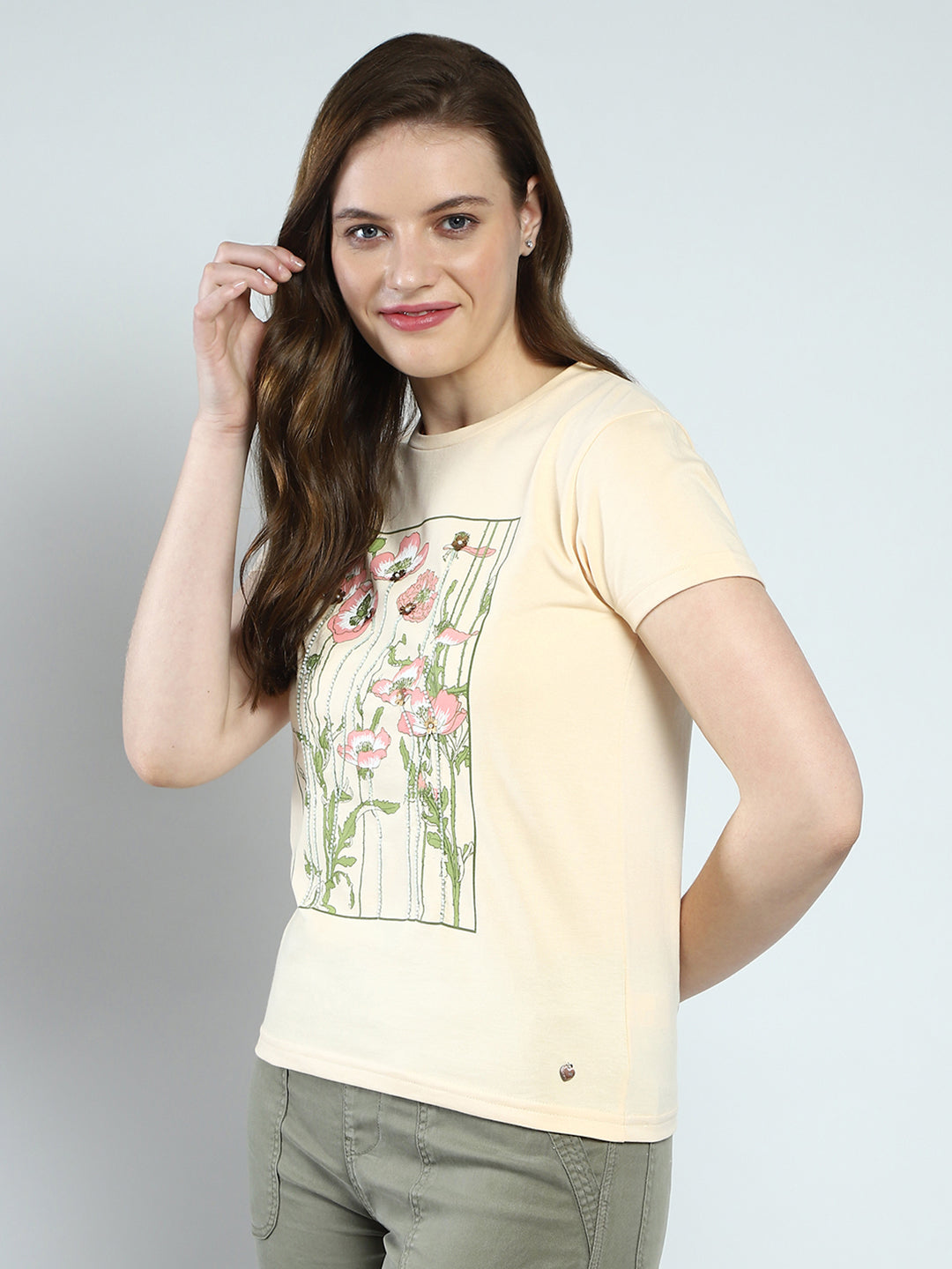Women Beige Printed Round Neck Half Sleeve Top