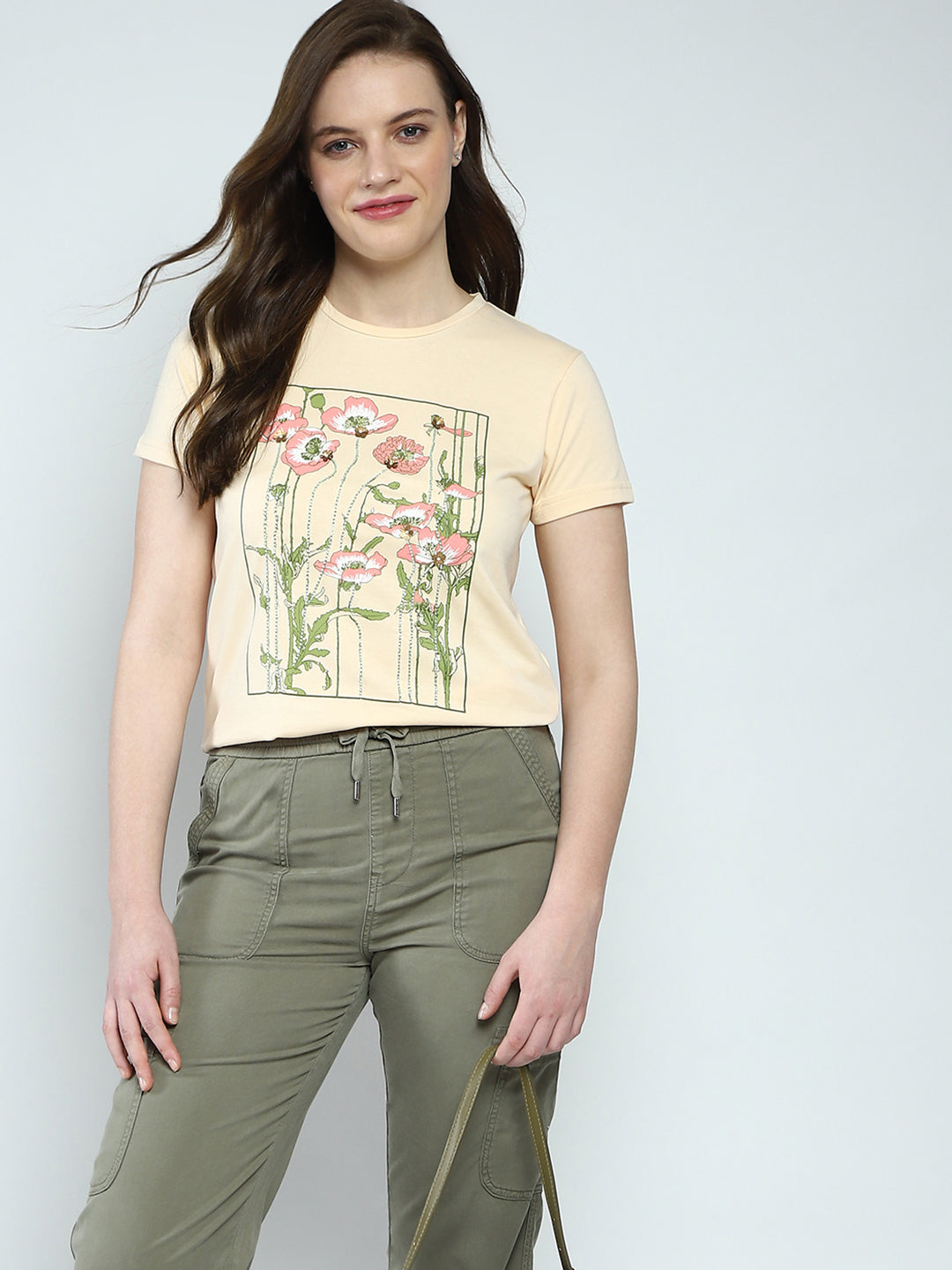 Women Beige Printed Round Neck Half Sleeve Top