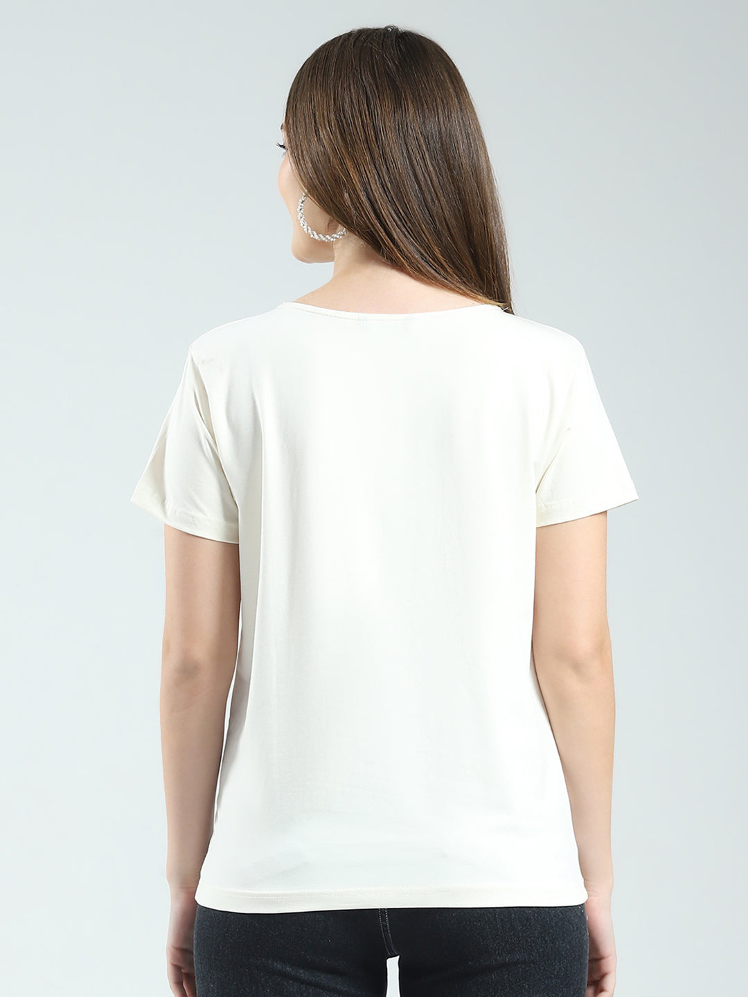 Women Off White Printed Round Neck Half Sleeve Top