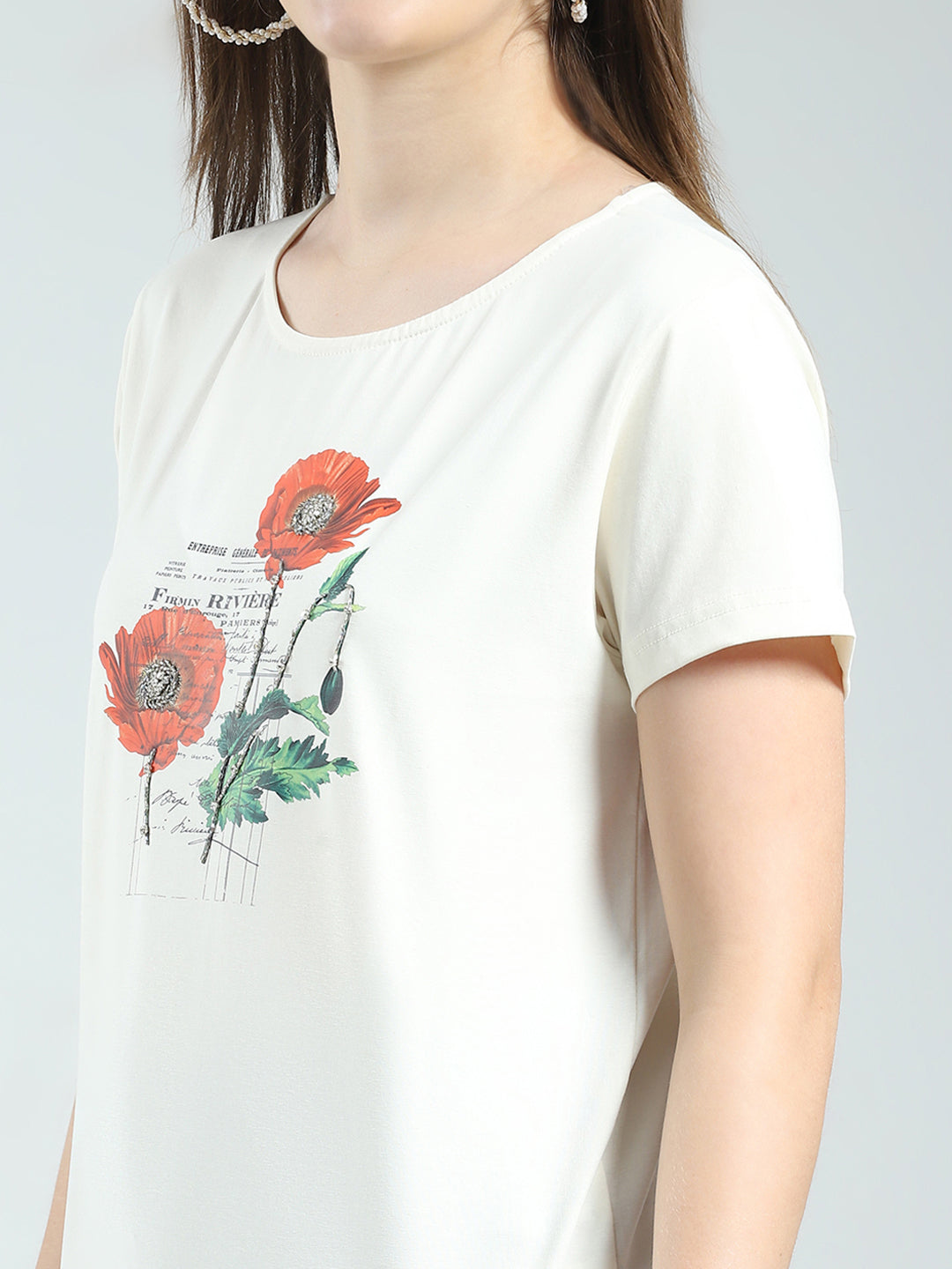 Women Off White Printed Round Neck Half Sleeve Top