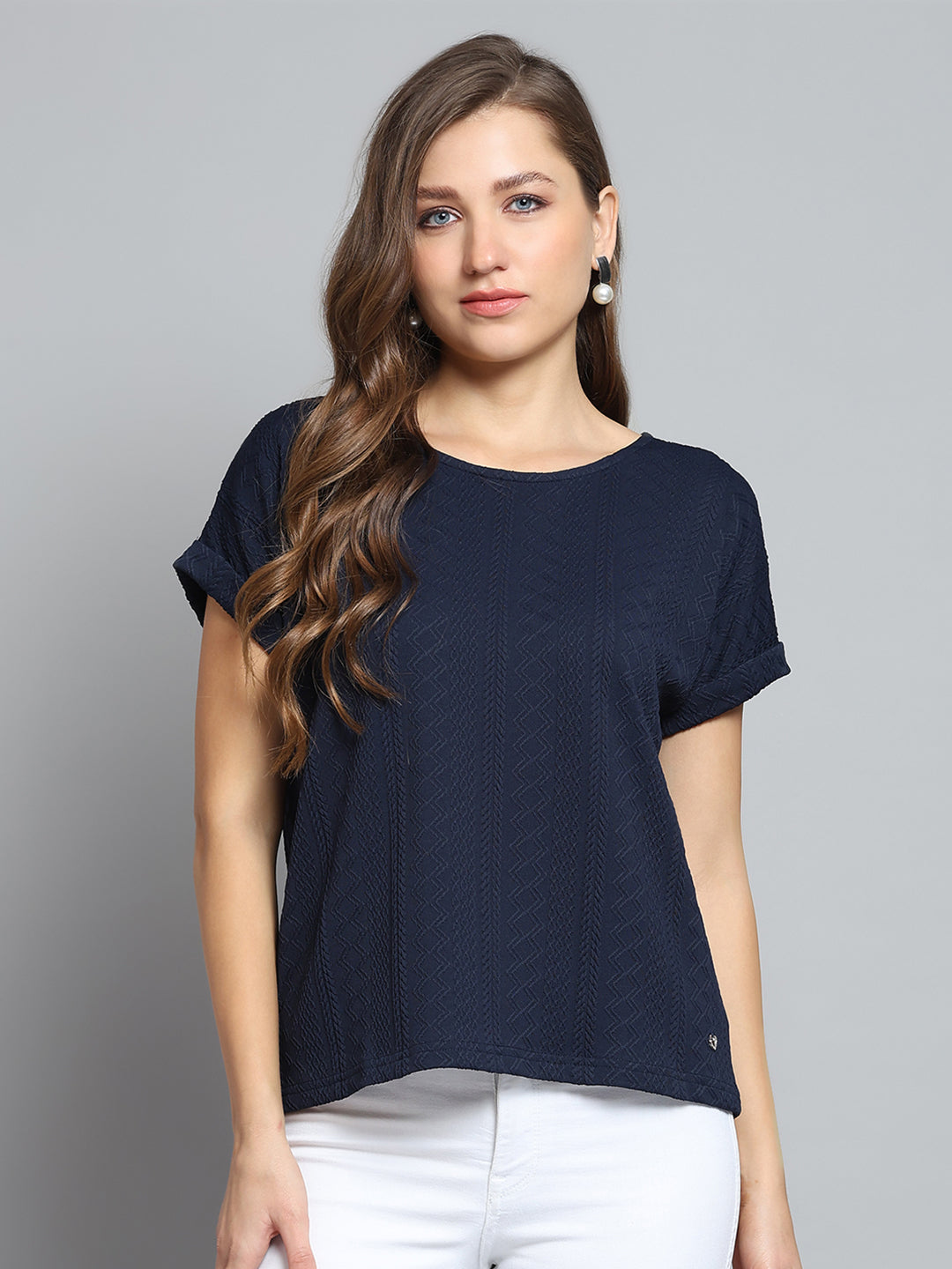 Women Navy Blue Printed Round Neck Half Sleeve Top
