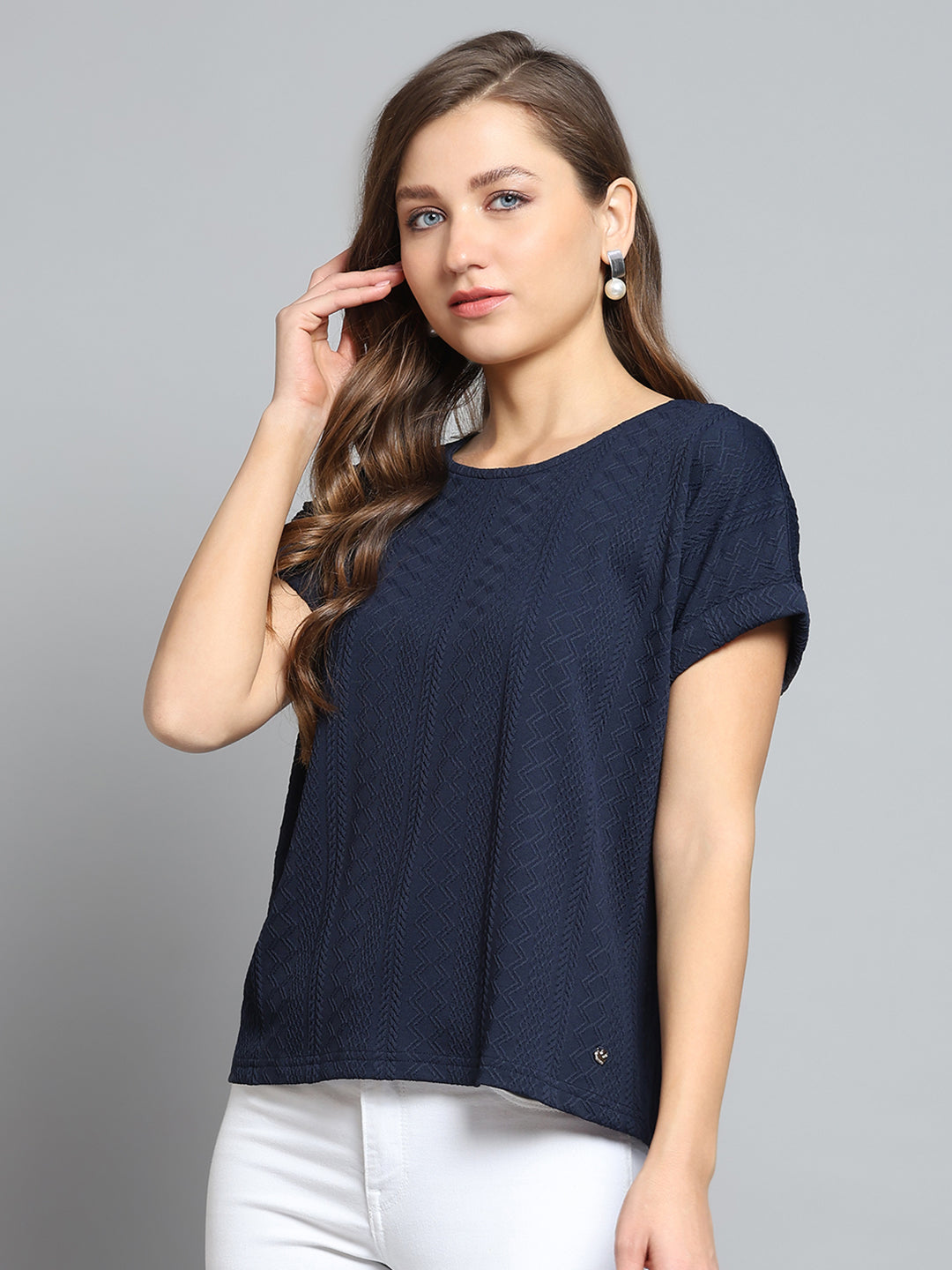 Women Navy Blue Printed Round Neck Half Sleeve Top