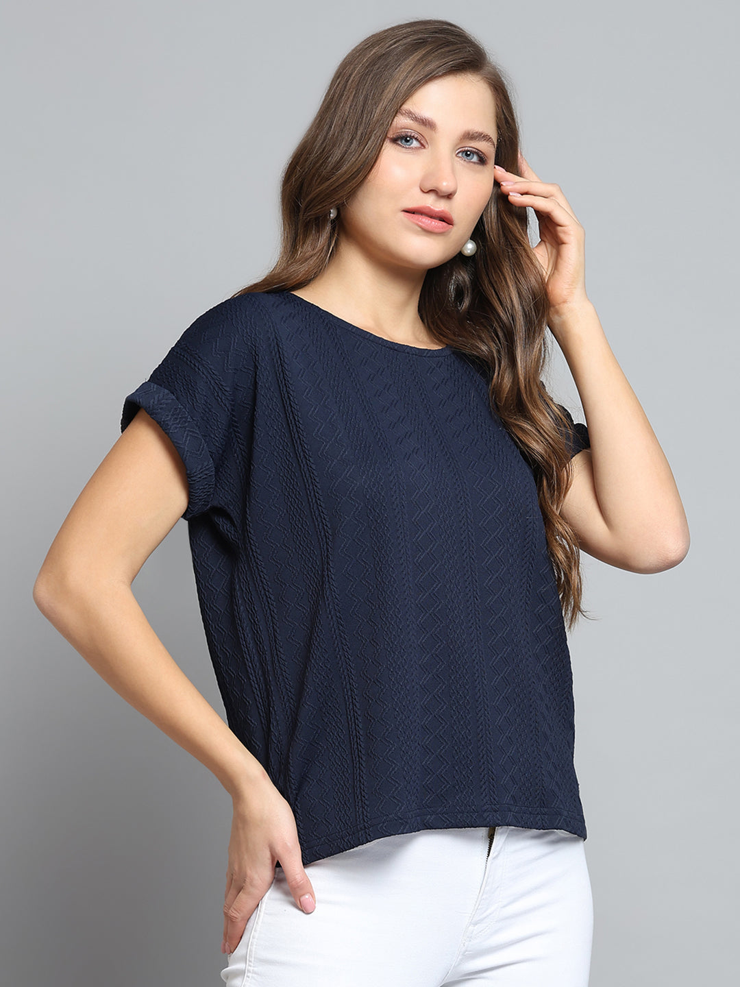 Women Navy Blue Printed Round Neck Half Sleeve Top