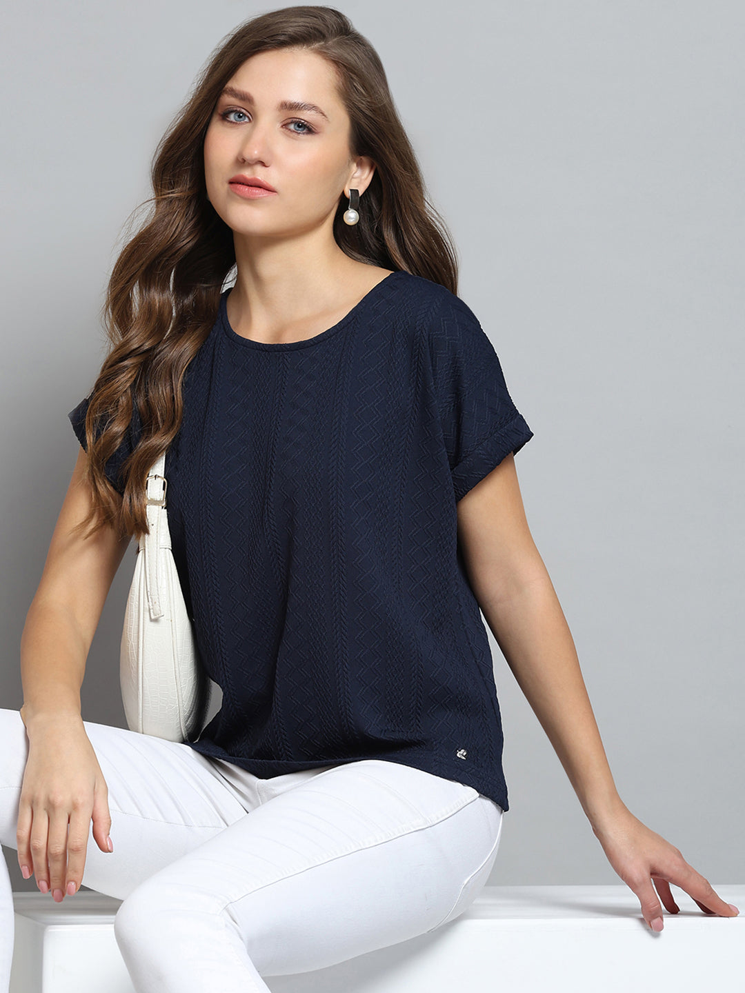 Women Navy Blue Printed Round Neck Half Sleeve Top