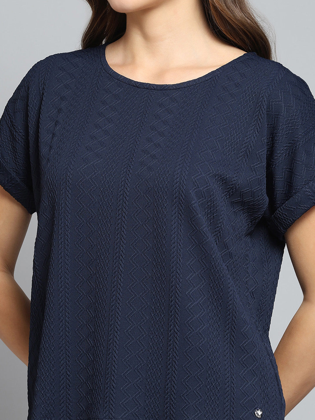 Women Navy Blue Printed Round Neck Half Sleeve Top
