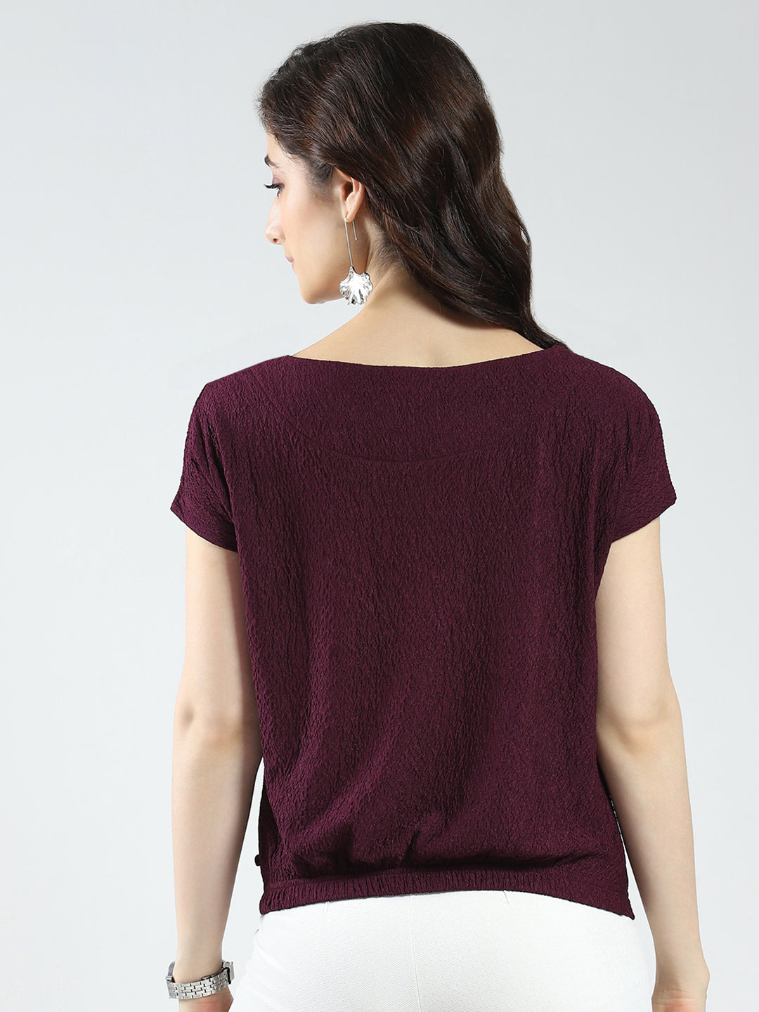 Women Burgundy Solid Round Neck Half Sleeve Top