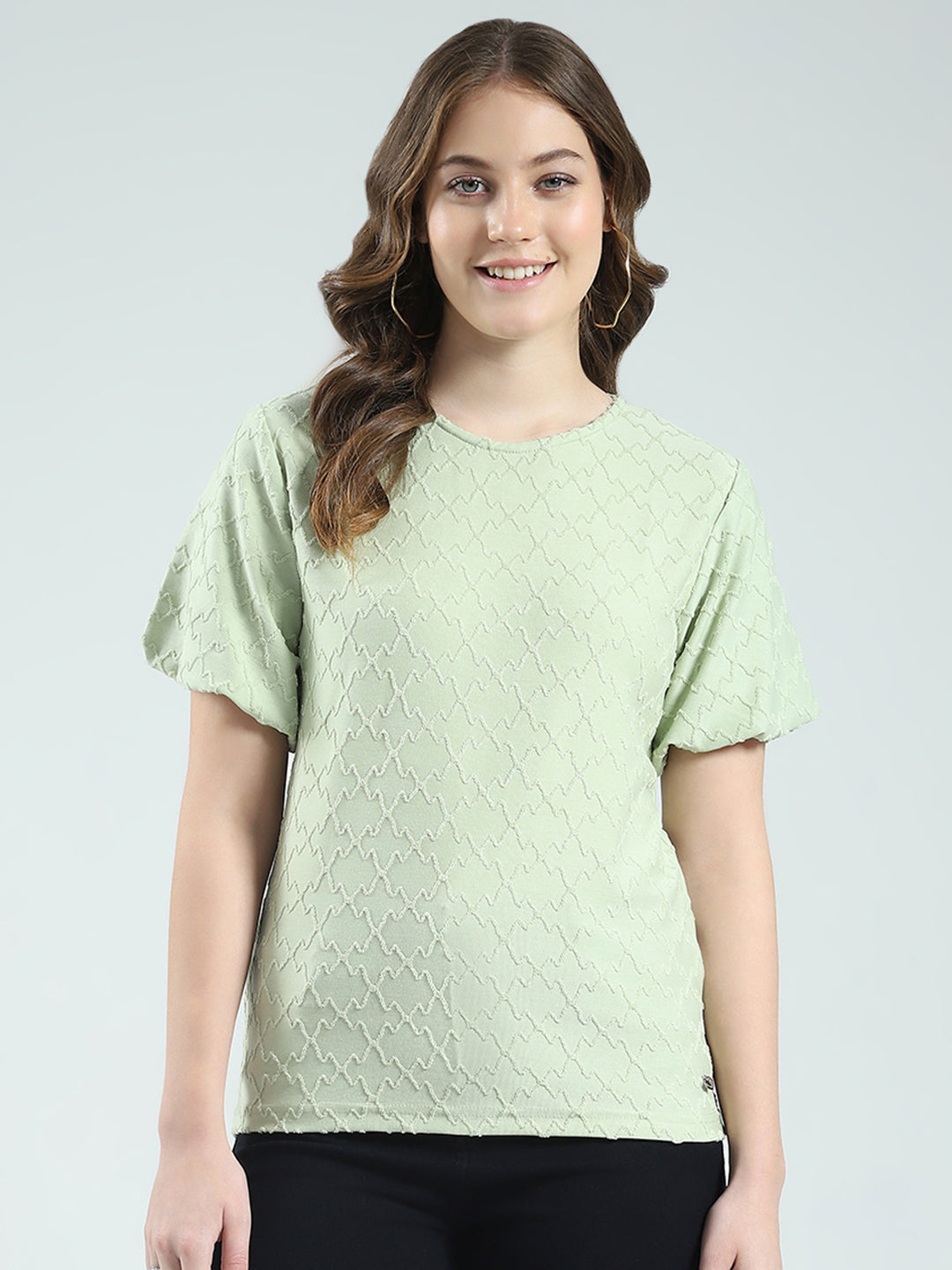 Women Green Self Design Round Neck Half Sleeve Top