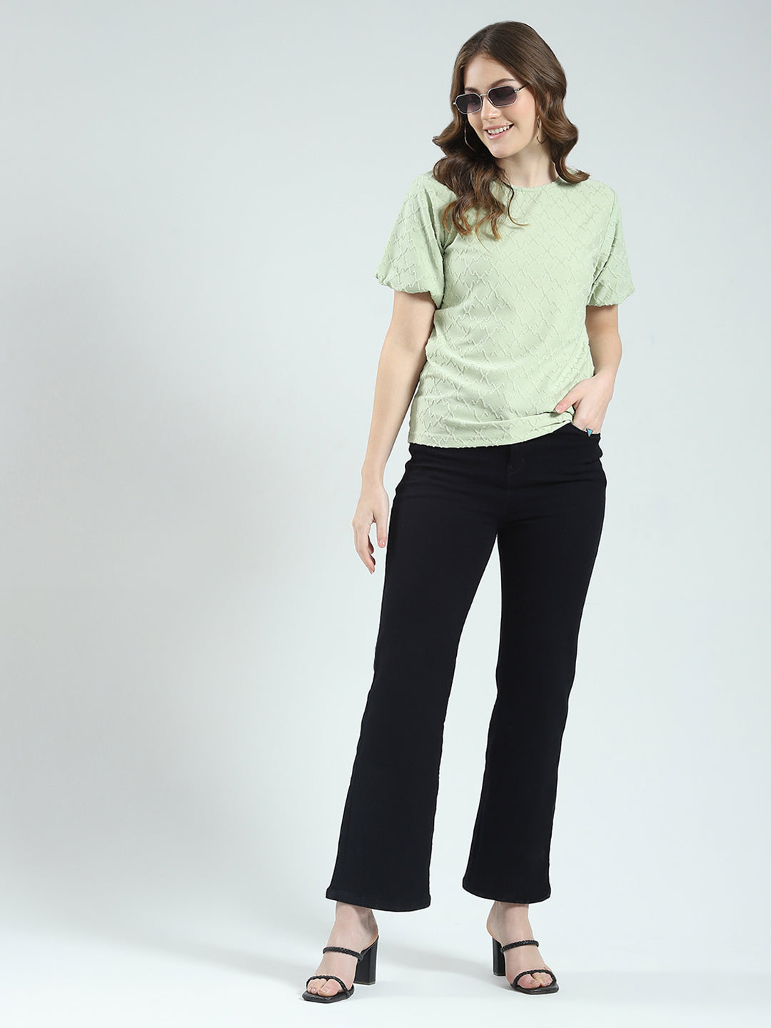 Women Green Self Design Round Neck Half Sleeve Top