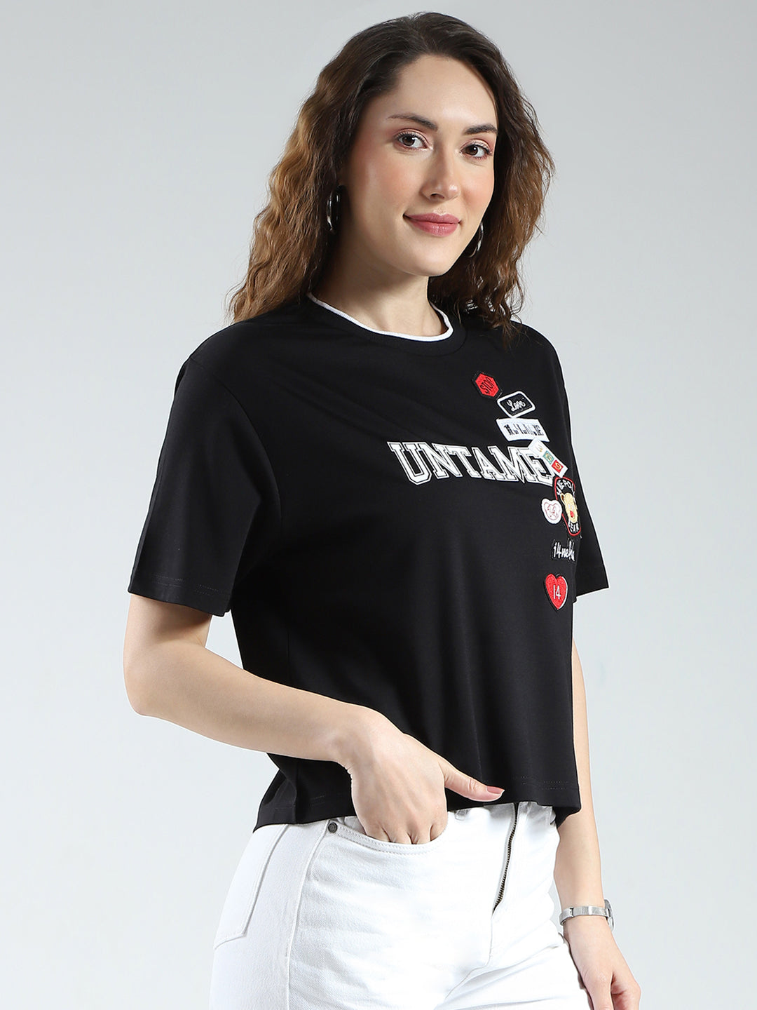 Women Black Printed Round Neck Half Sleeve Top