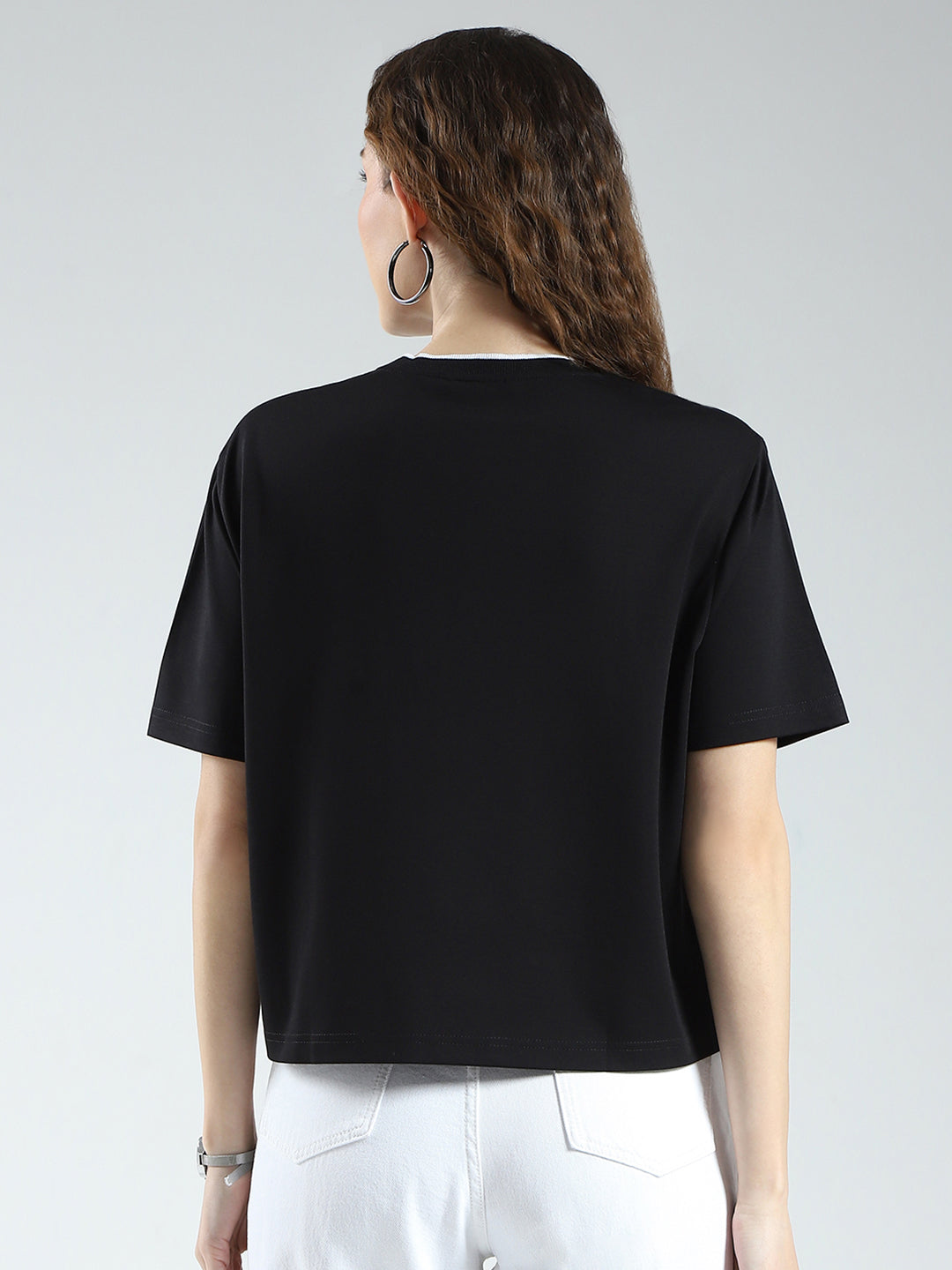 Women Black Printed Round Neck Half Sleeve Top