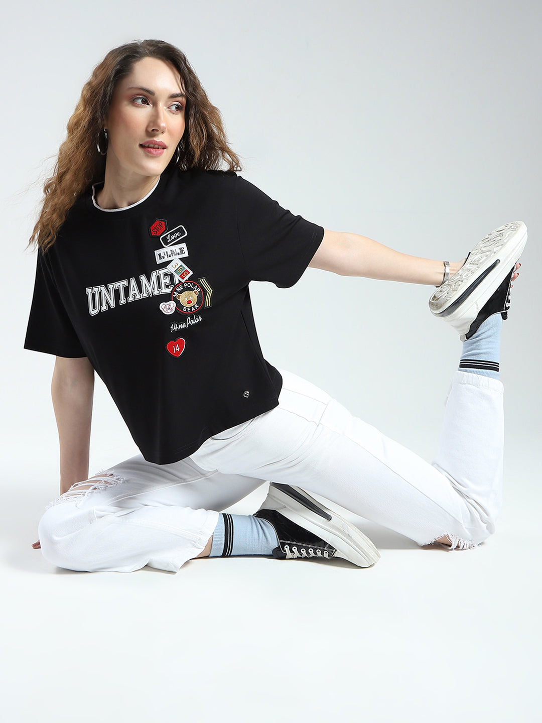 Women Black Printed Round Neck Half Sleeve Top