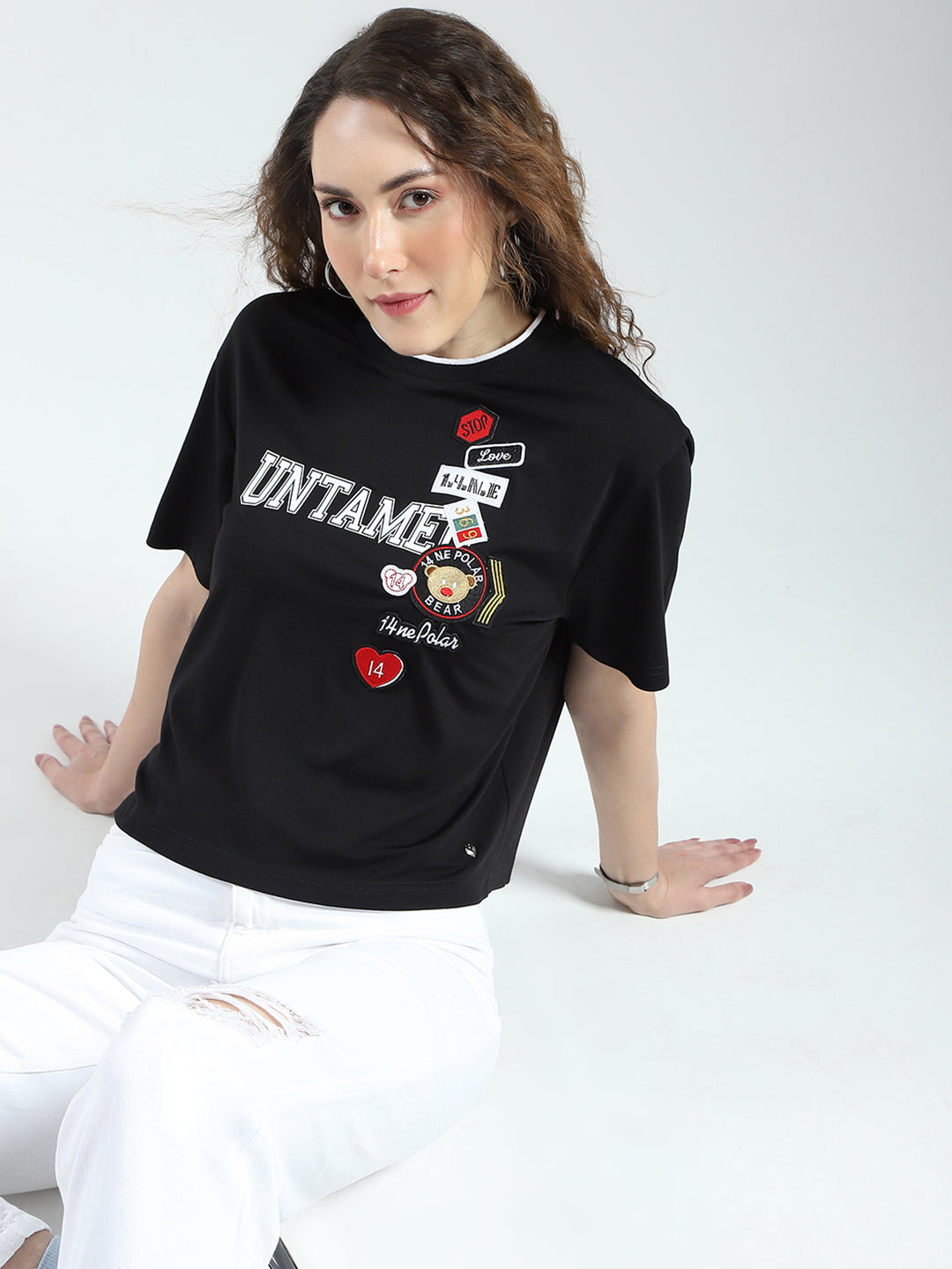 Women Black Printed Round Neck Half Sleeve Top