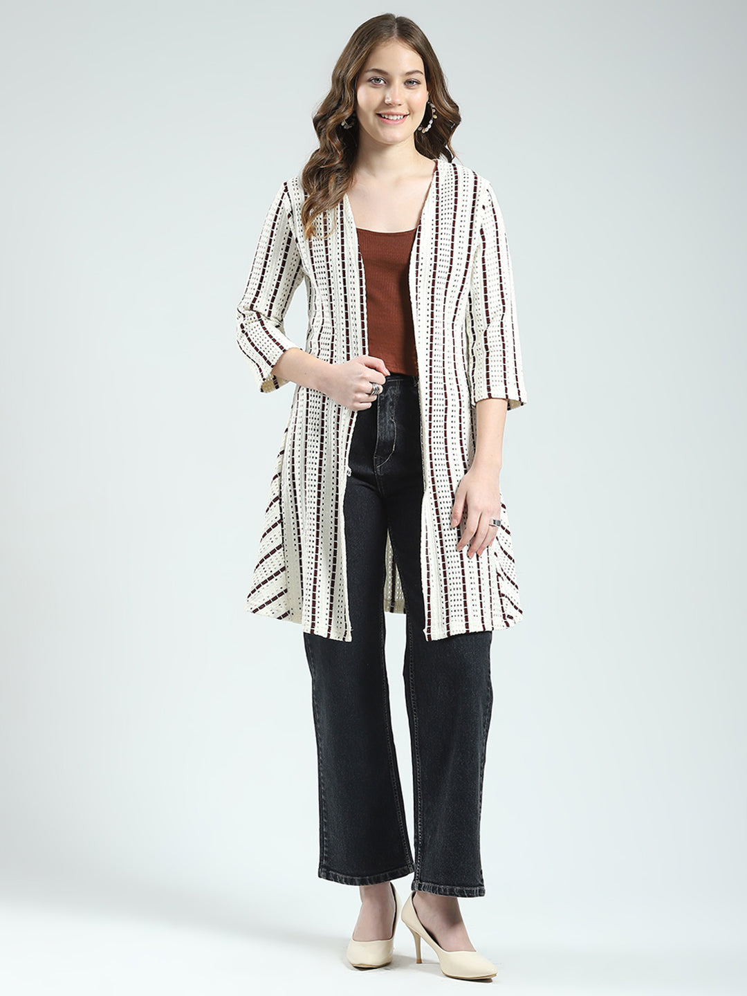 Women Off White Self Design Front Open 3/4th Sleeve Shrug