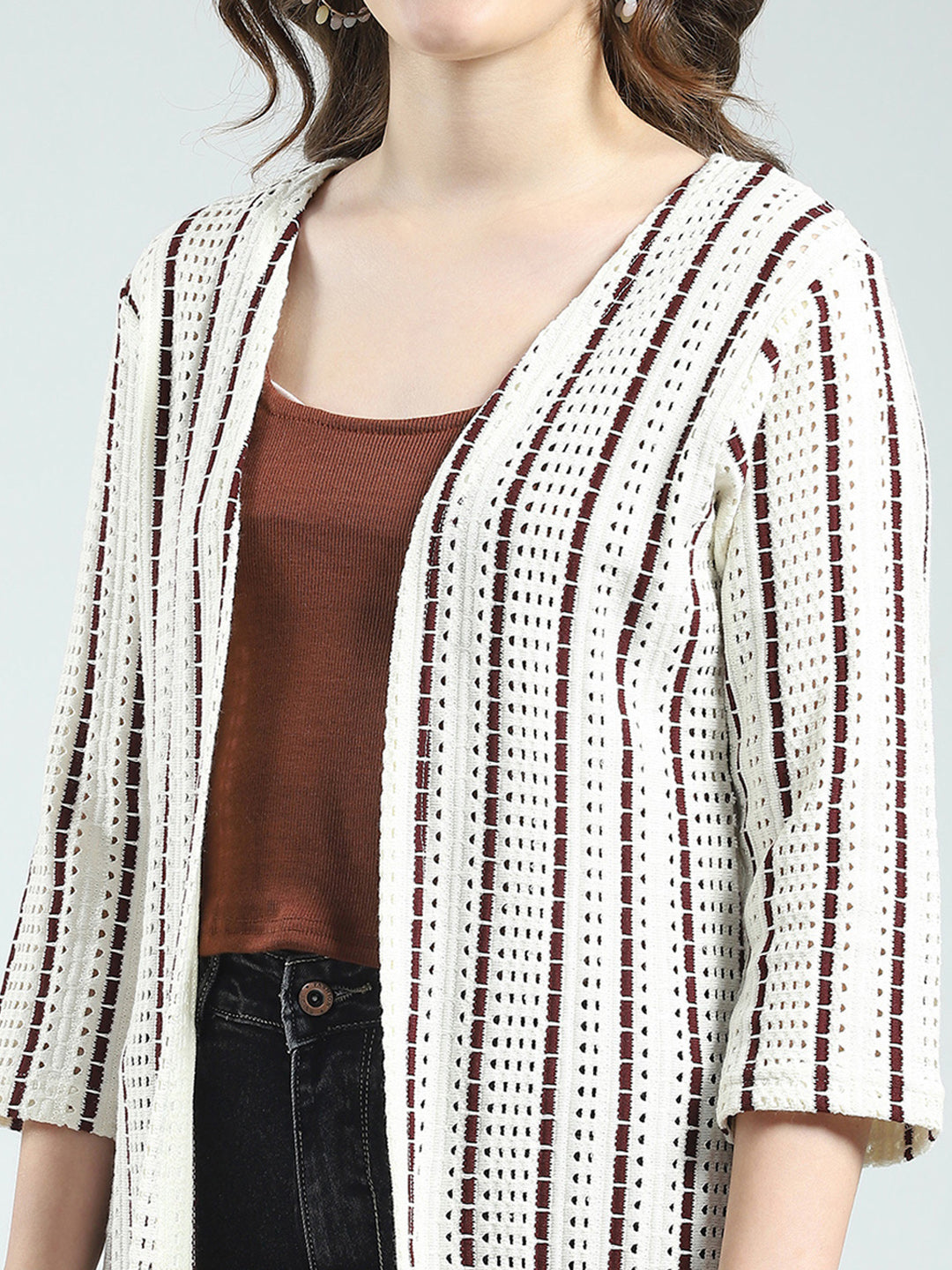 Women Off White Self Design Front Open 3/4th Sleeve Shrug