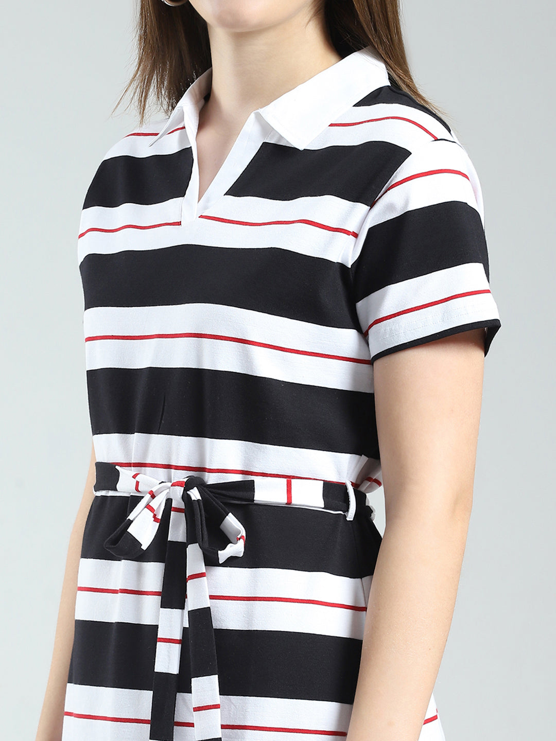 Women Black Stripe Collar Half Sleeve Dress