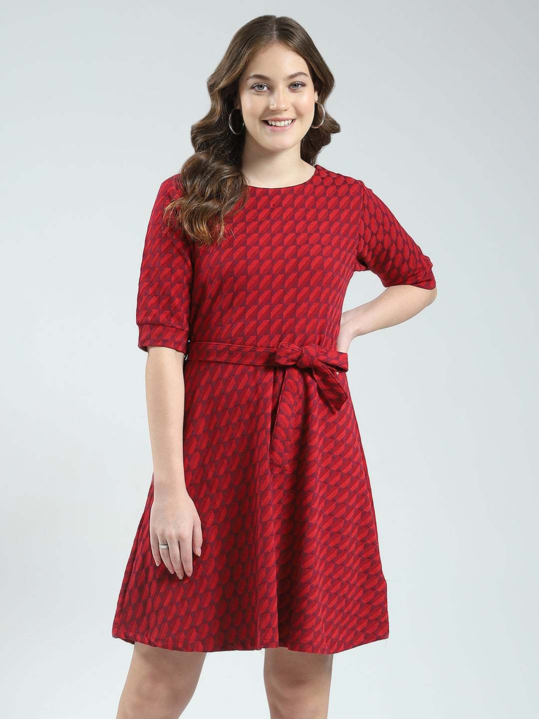 Women Red Self Design Round Neck Half Sleeve Dress