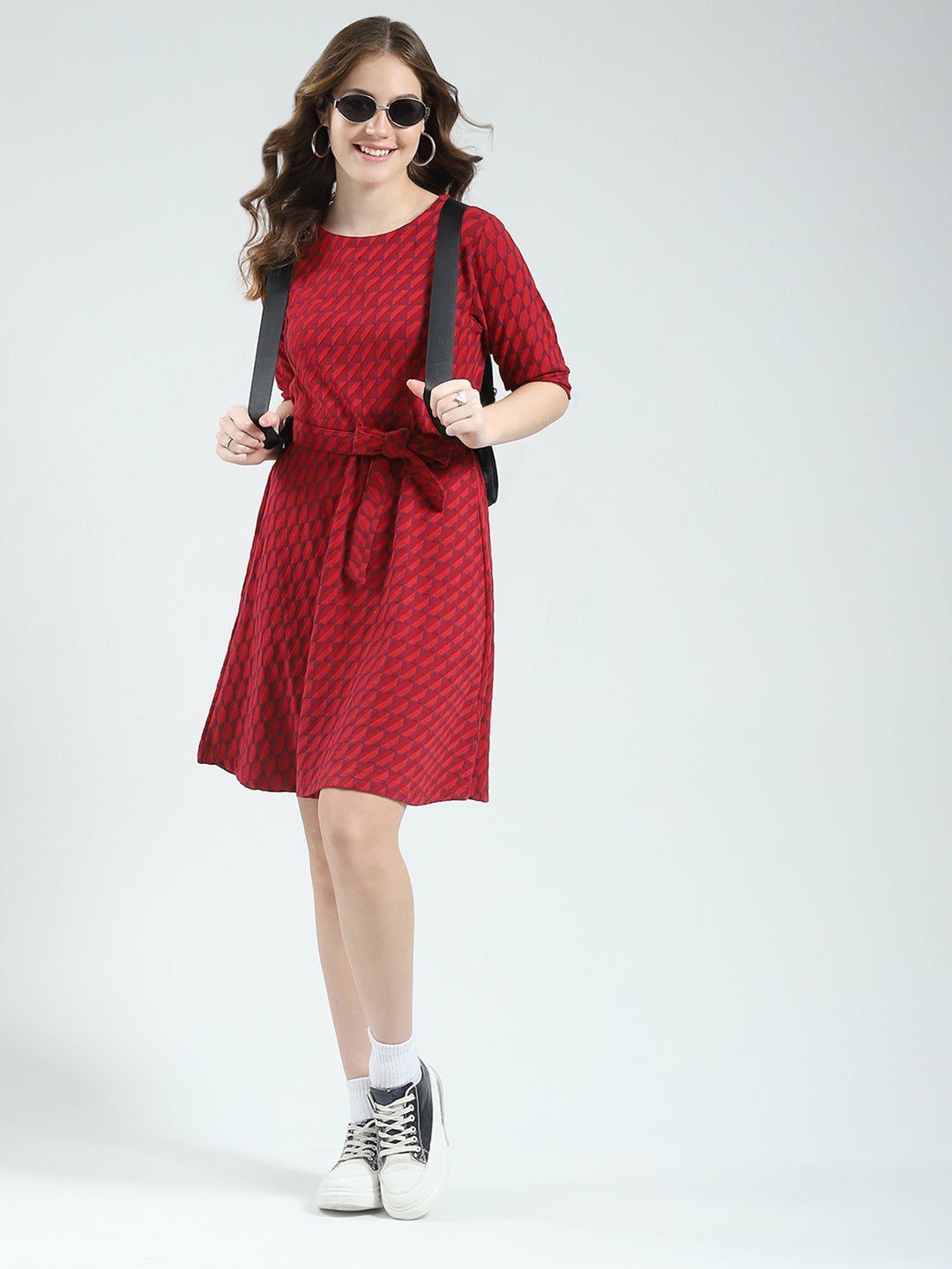 Women Red Self Design Round Neck Half Sleeve Dress