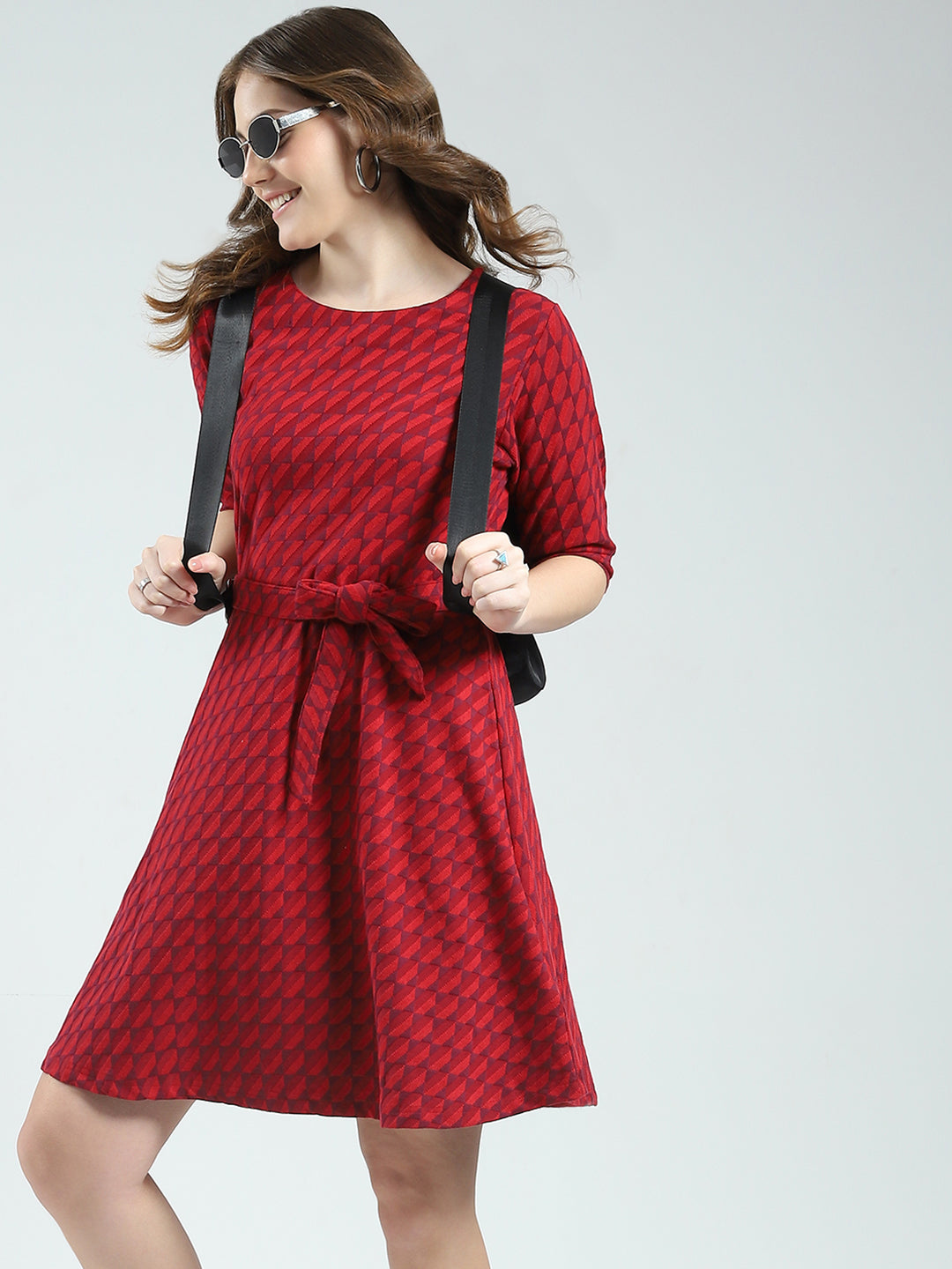 Women Red Self Design Round Neck Half Sleeve Dress