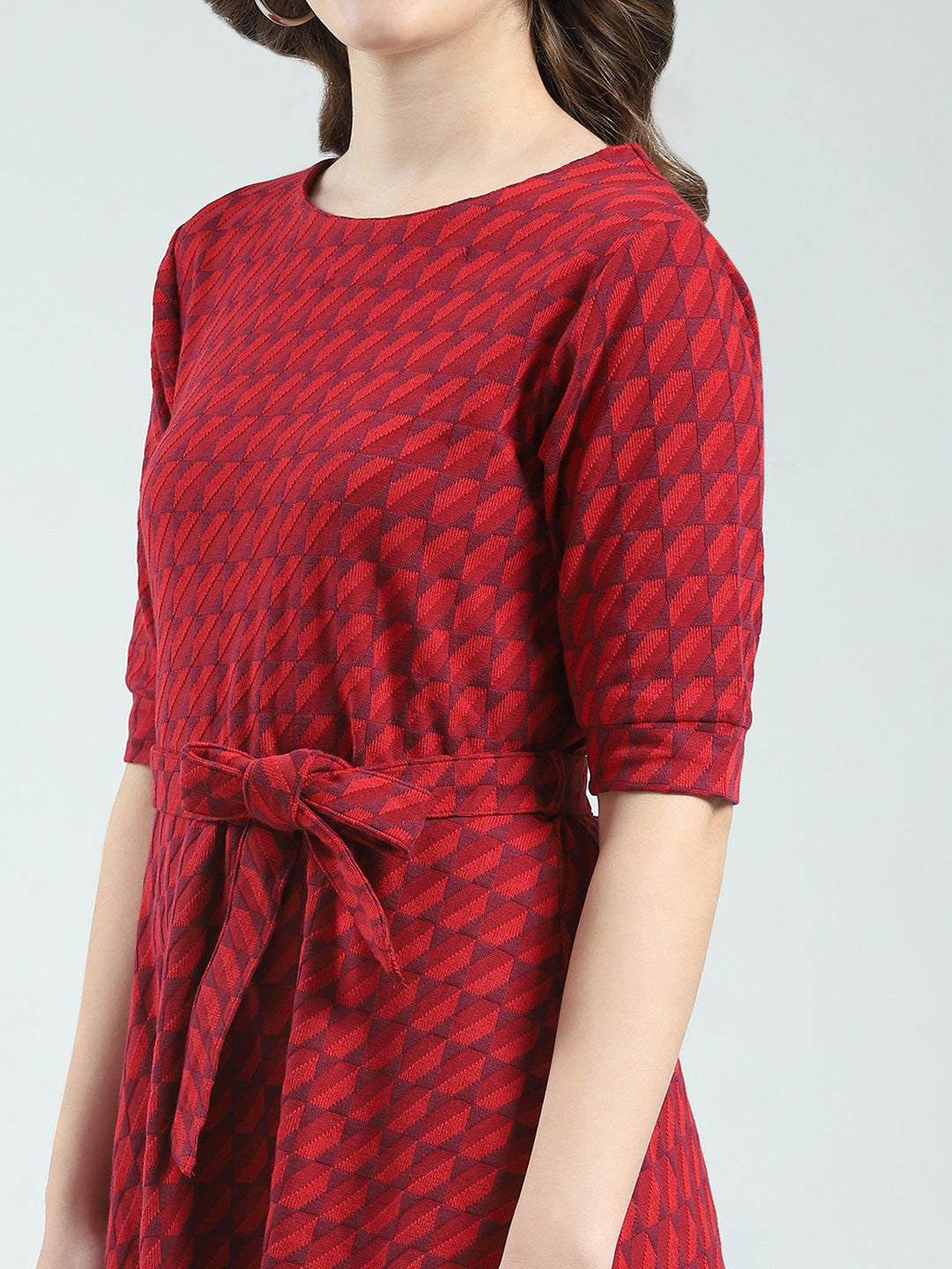 Women Red Self Design Round Neck Half Sleeve Dress