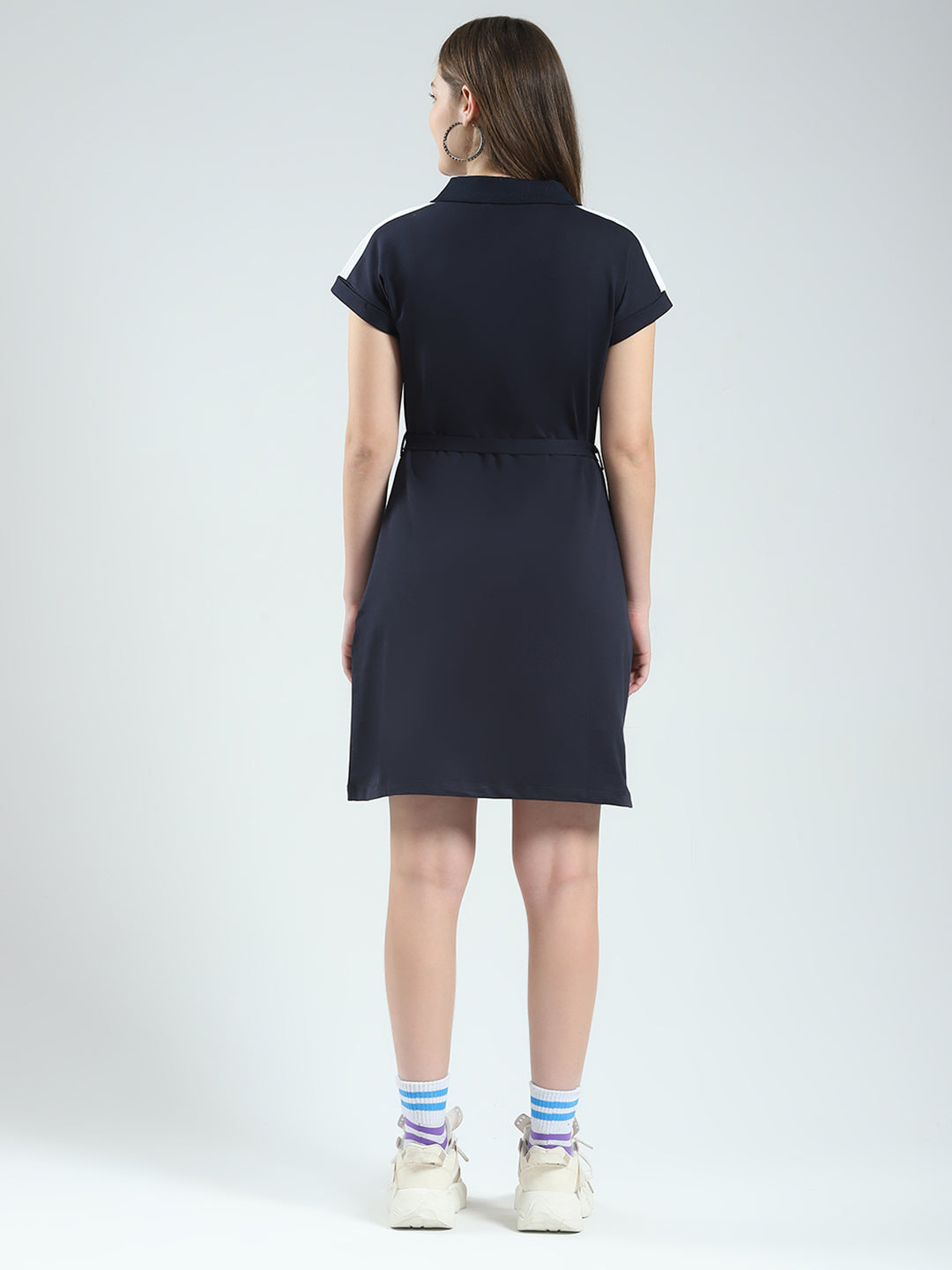 Women Navy Blue Solid Collar Half Sleeve Dress