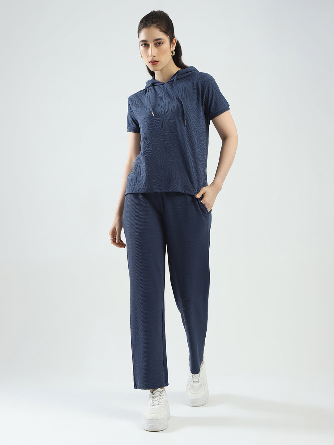 Women Blue Self Design Hooded Half Sleeve Cords Set