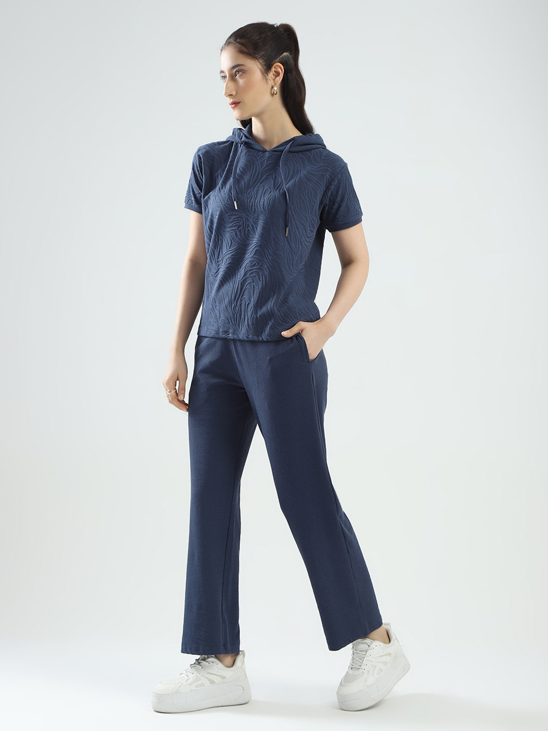 Women Blue Self Design Hooded Half Sleeve Cords Set