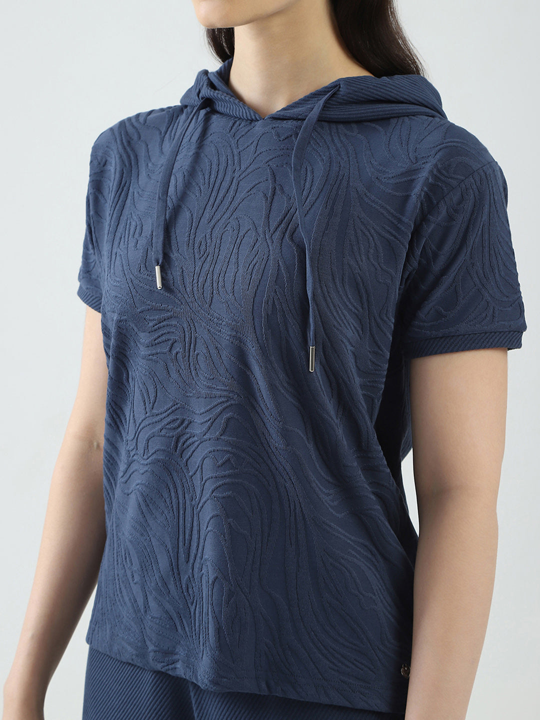 Women Blue Self Design Hooded Half Sleeve Cords Set