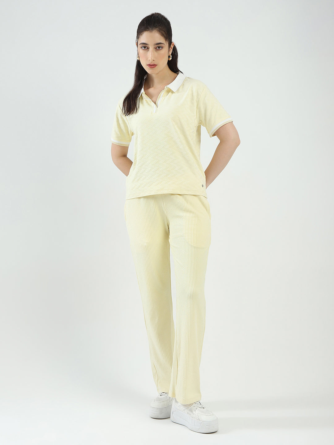 Women Yellow Self Design Collar Half Sleeve Cords Set