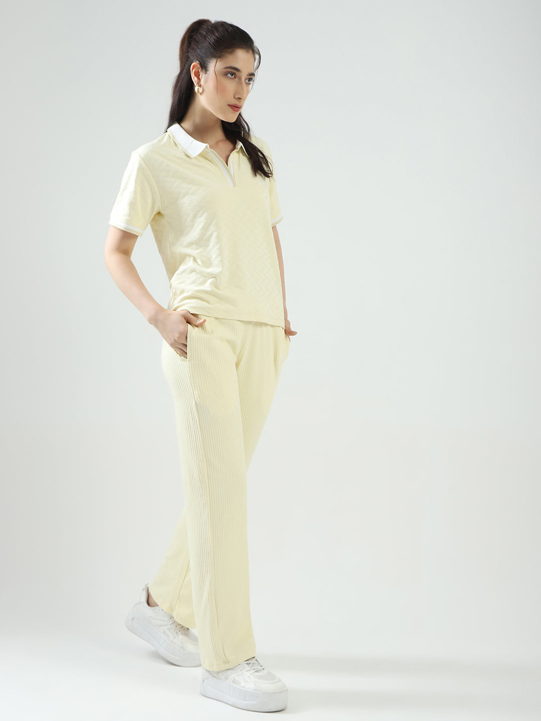 Women Yellow Self Design Collar Half Sleeve Cords Set