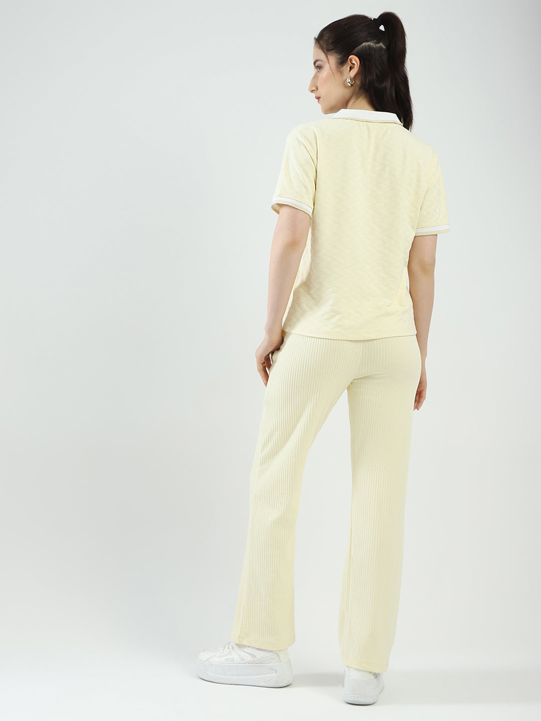 Women Yellow Self Design Collar Half Sleeve Cords Set