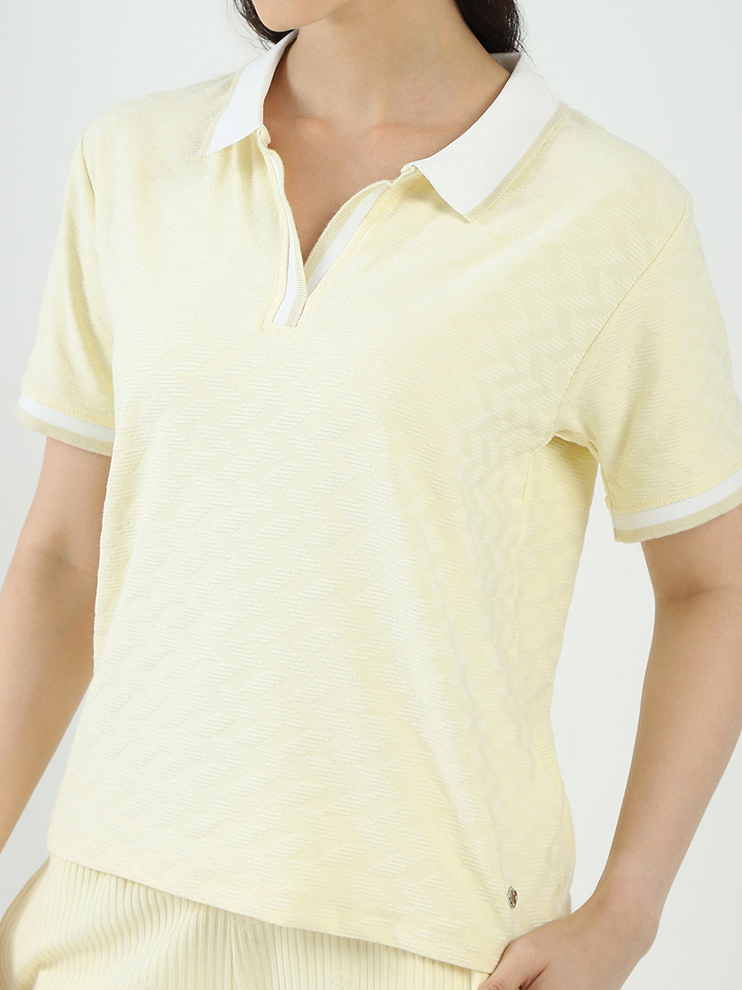 Women Yellow Self Design Collar Half Sleeve Cords Set